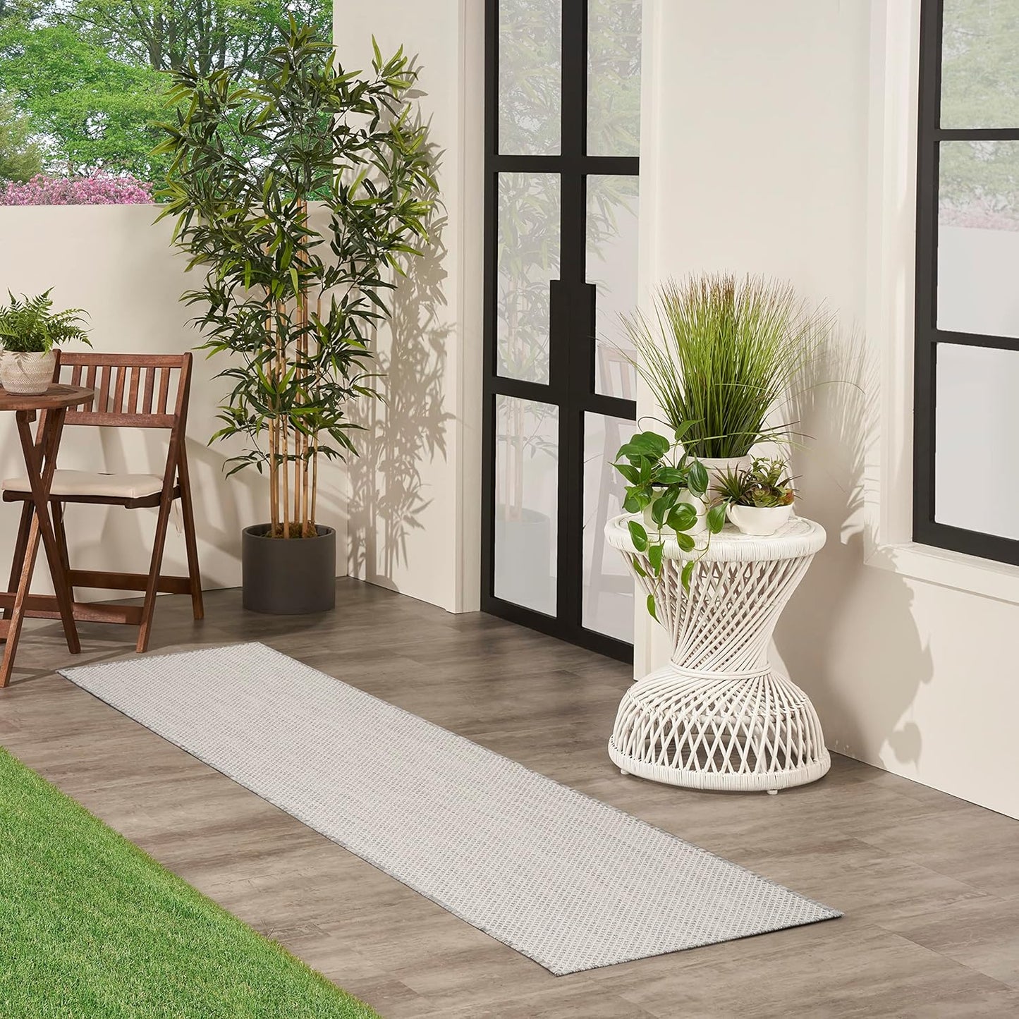 Nourison Home Courtyard Indoor/Outdoor Ivory/Silver 2'2" x 10' Area Rug, Easy Cleaning, Non Shedding, Bed Room, Living Room, Dining Room, Backyard, Deck, Patio (2x10)