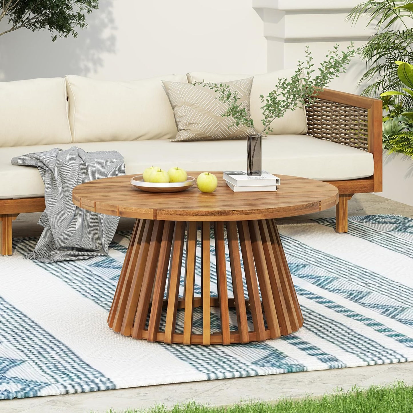 Christopher Knight Home Claremont Patio Sofa and Coffee Table Set, 2 Piece Wicker Patio Furniture Set, Acacia Wood 3 Seater Outdoor Sofa Daybed and Coffee Table Set, Teak+Dark Teal