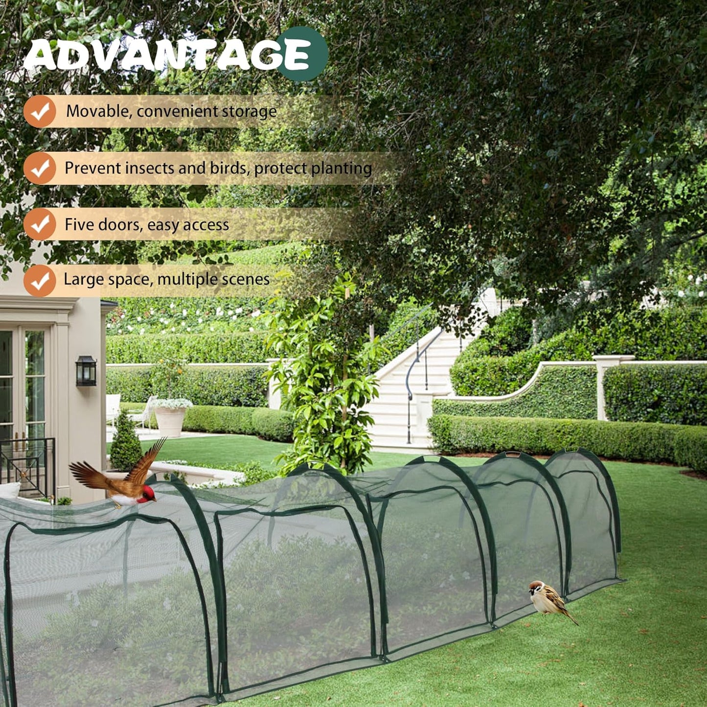 Flexible Net Grow Tunnel - Garden Greenhouse Mesh Cover Growhouse Cloche for Protecting Fruit Vegetables Plants Cultivation (5M)