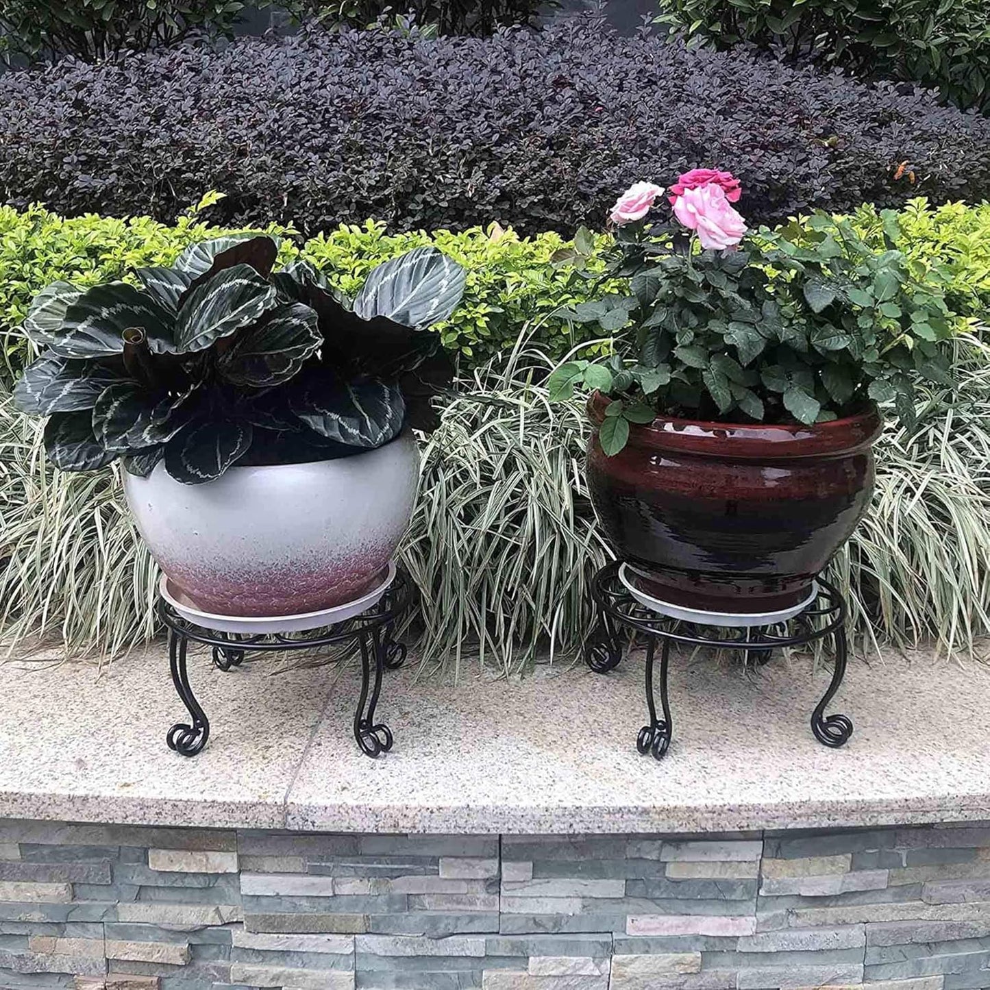 Metal Outdoor Plant Stand 11.8IN Diameter Heavy Duty Plant Pot Stands for Indoor Round Flower Pot Support Rack Set of 2,Black