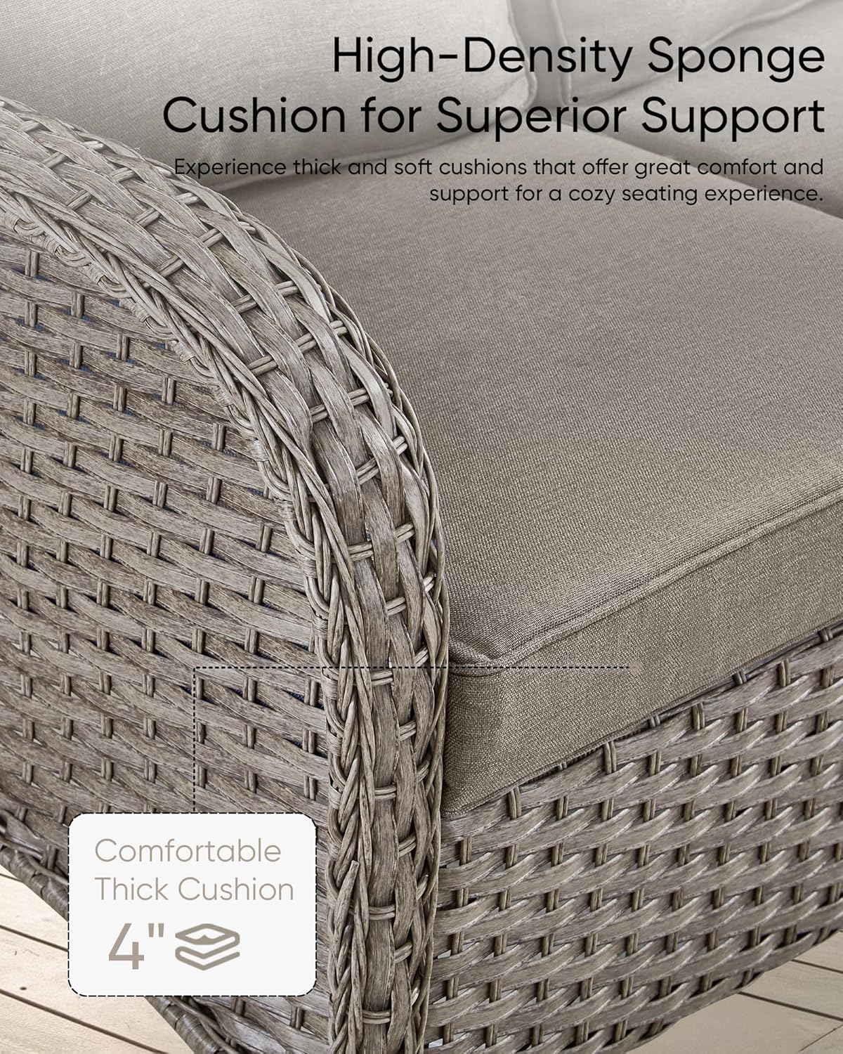 HUMMUH Outdoor Patio Couch-Outdoor Rattan Couch with Thick Cushions Outdoor Sofa for Deck Lawn Porch Balcony Poolside-Grey/Grey