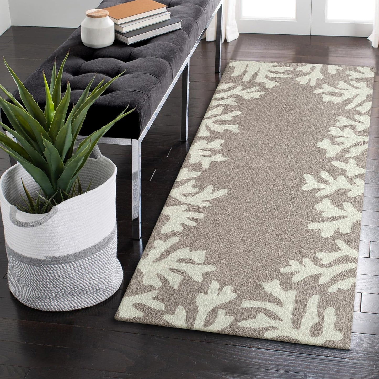 Liora Manne CAPRI Indoor/Outdoor Handmade Synthetic Blend Durable Area Rug - Traditional Border Coastal Beach Accent (Coral Border Silver) (2' x 5')