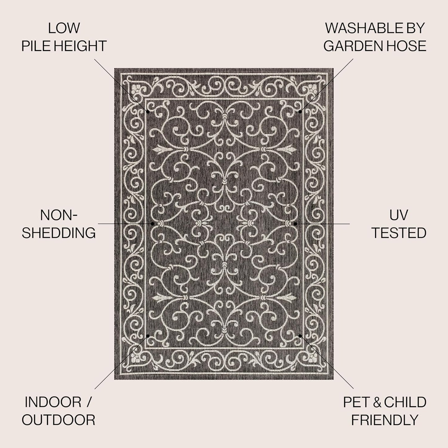 JONATHAN Y SMB106G-9SQ Charleston Vintage Filigree Textured Weave Black/Gray 9' Square Indoor/Outdoor Area Rug, Pet Friendly, Non-Shedding, Stain Resistant, Easy-Cleaning for Backyard, Patio, Porch