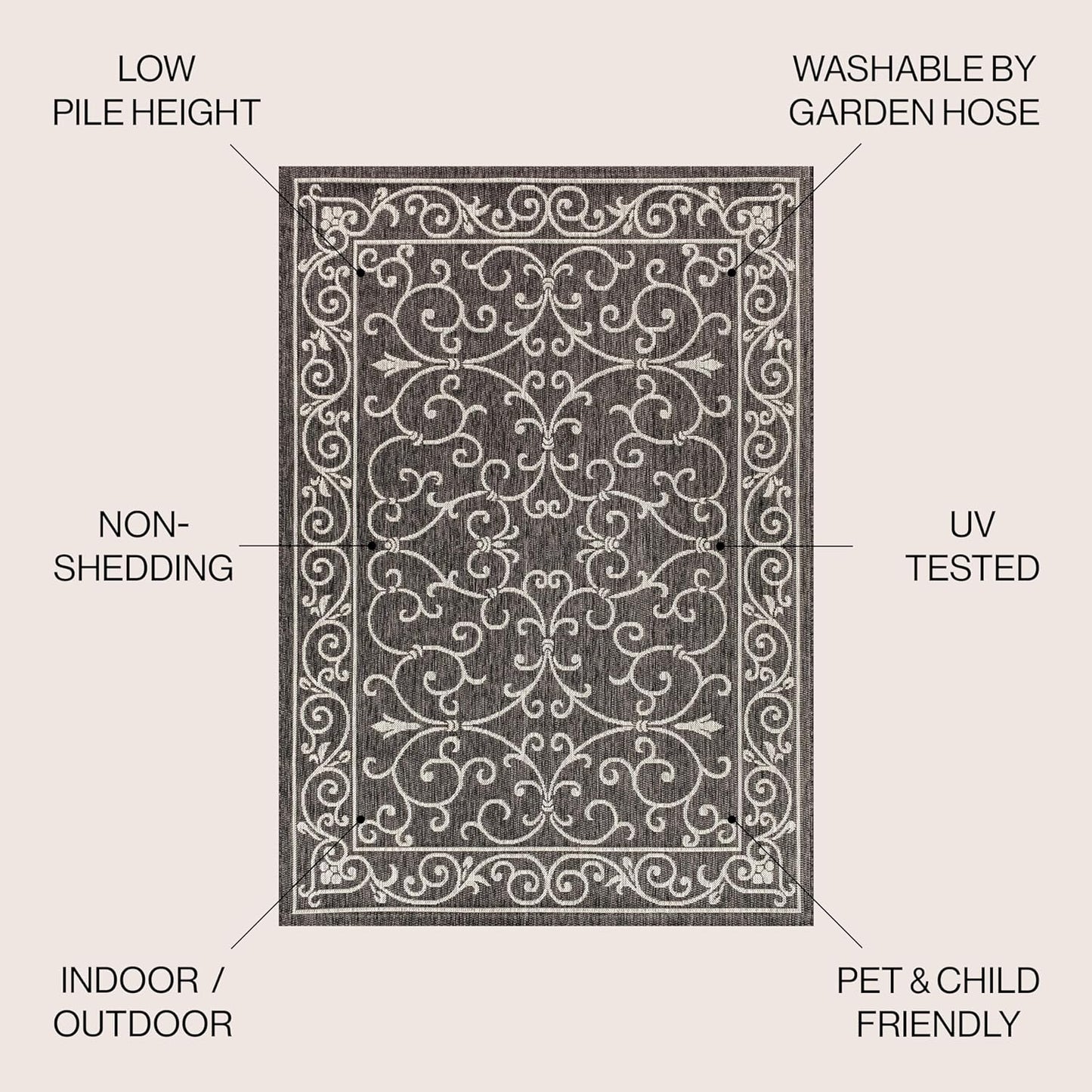 JONATHAN Y SMB106G-5 Charleston Vintage Filigree Textured Weave Indoor Outdoor Rug LivingRoom Backyard,5 X 8,Black/Gray