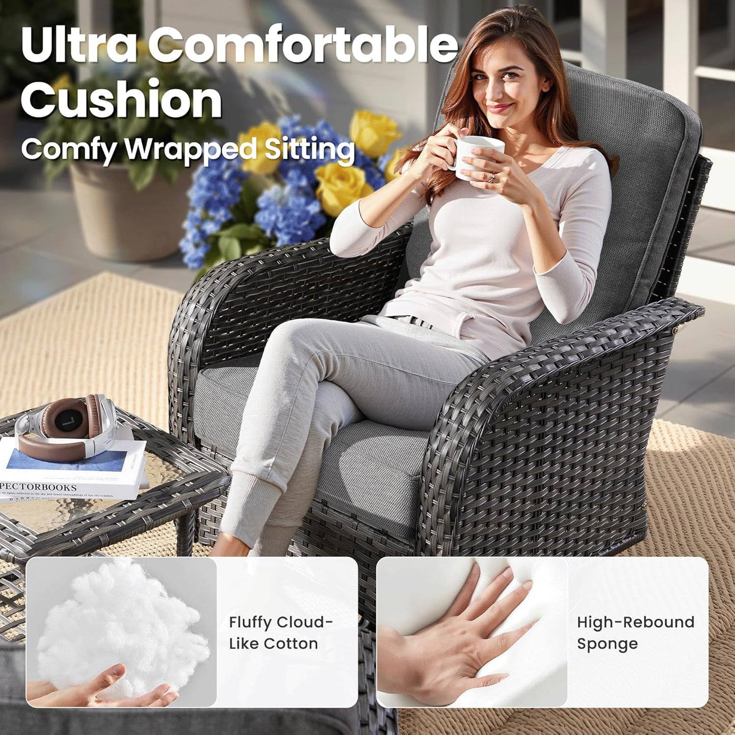ovios 7 Pieces Patio Furniture Set, Outdoor Wicker Sofa with Swivel Chairs, Coffee Table, All Weather High Back Rattan Loveseat Couch with Comfy Cushions, Dark Grey