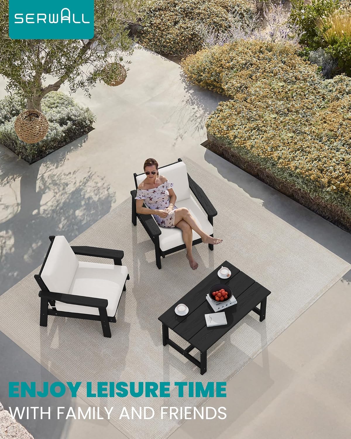 SERWALL HDPE Outdoor Couch Set of 2, All-Weather Wood-Like Outdoor Patio Furniture Set, Black Outdoor Sofa Chairs with Khaki Cushions