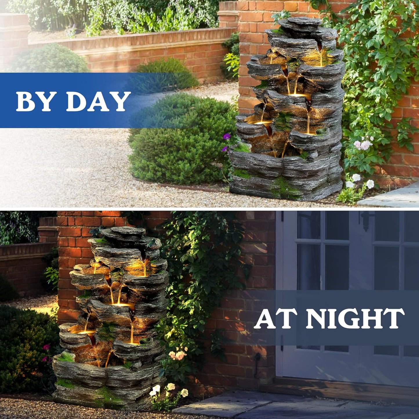 Cascading Rock Water Fountain Outdoor - Waterfalls Fountains with LED Lights, Outdoor/Indoor Resin Fountain for Patio, Garden, Backyard, Deck, Porch, Home Art Docor (24" H)