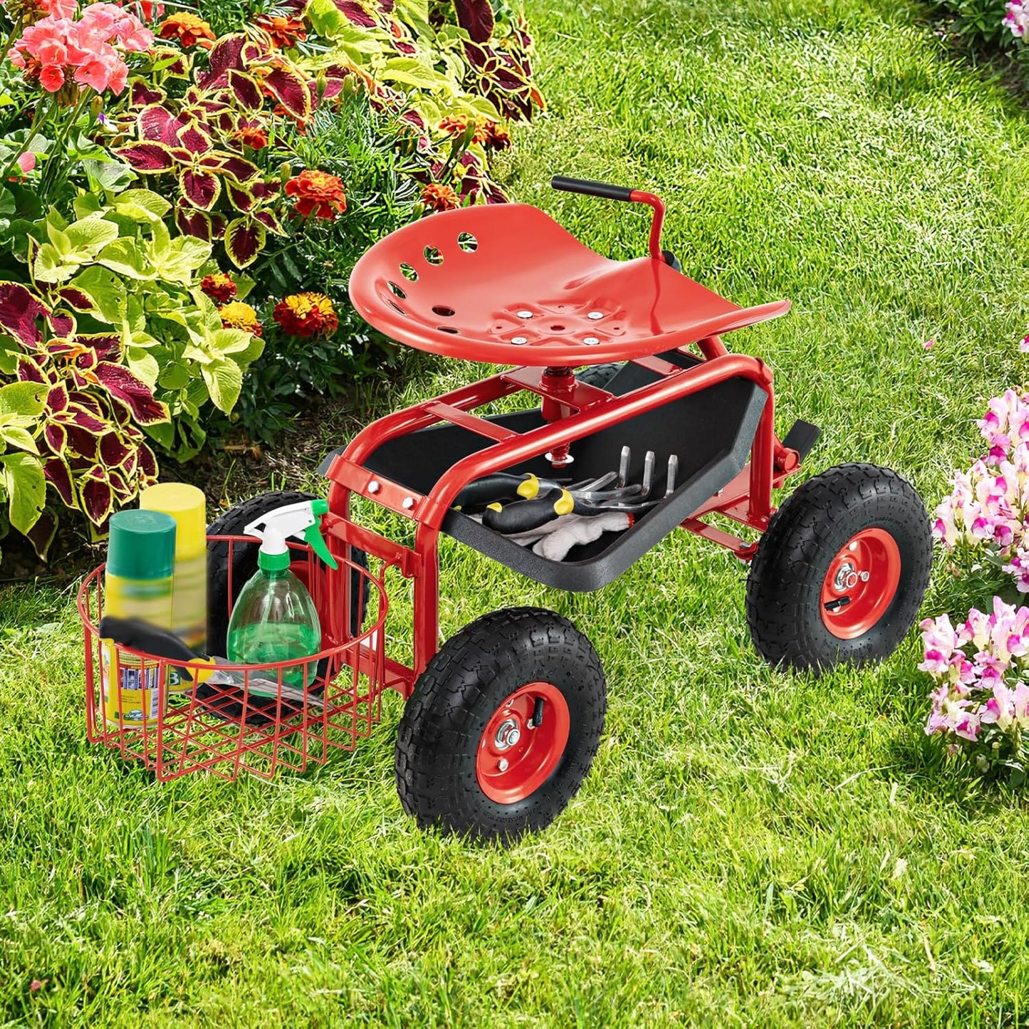 Goplus Rolling Garden Seat with Wheels, Outdoor Gardening Scooter with 360° Swivel Seat, Tool Tray & Basket, Adjustable Steering Handle for Lawn, Gardening Stool, Garden Cart for Planting