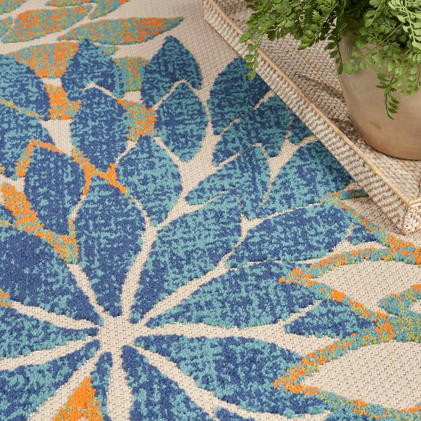 Nourison Home Aloha Indoor/Outdoor Blue Green 9' x 12' Area Rug, Easy Cleaning, Non Shedding, Bed Room, Living Room, Dining Room, Backyard, Deck, Patio (9x12)