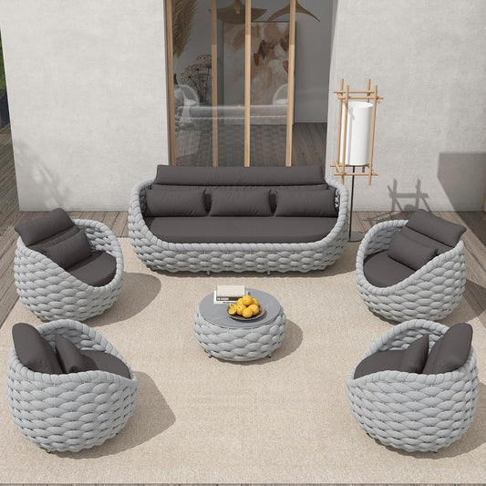 6-Piece Aluminum Patio Furniture Set, Modern Outdoor Conversation Set Sectional Sofa with Water Repellent Thick Cushions and Coffee Table for Balcony, Garden