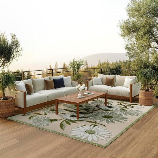 Nourison Home Aloha 9' x 12' Ivory Green Fabric Outdoor Area Rug (9' x 12')