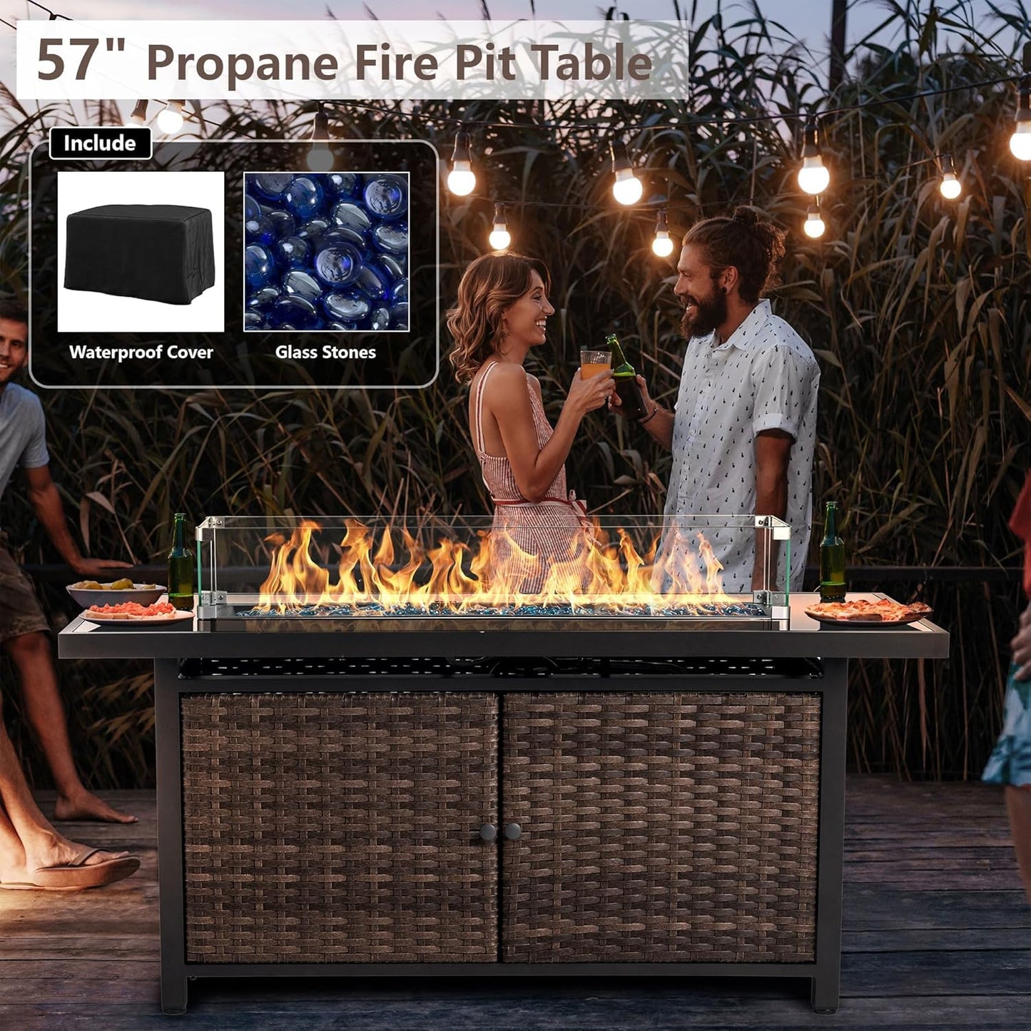 25-Pc Patio Furniture Set - 7 Piece Outdoor Rattan Sofa Set with 57" Fire Table and 17 Accessories, Modular Sofa Set for Garden/Poolside, Beige/Black