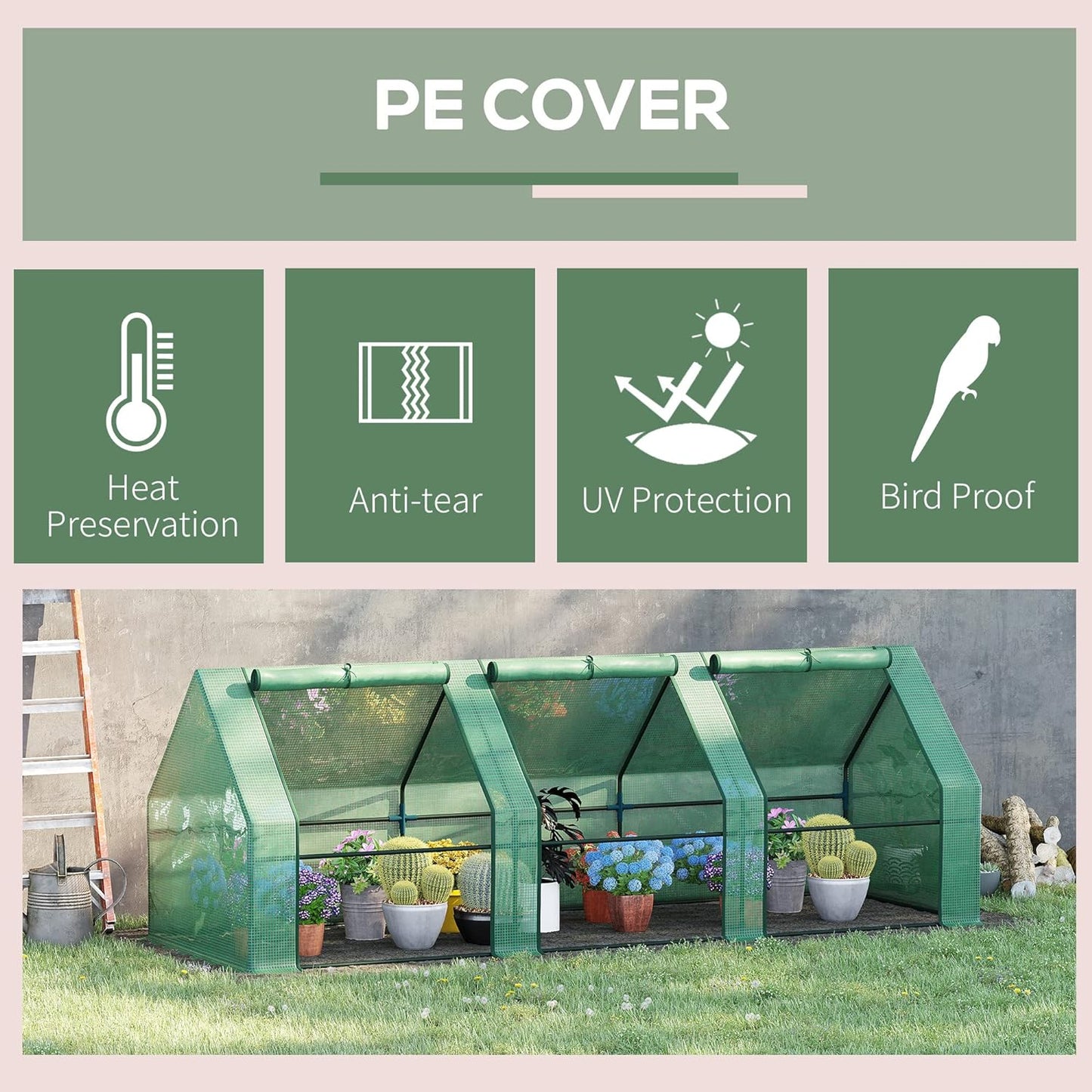 Outsunny 9' x 3' x 3' Mini Greenhouse with Zippered Doors & Roll-up Windows, Portable Plant Hot House with Durable PE Cover, Water Resistant, UV Protected for Outdoor Flowers, Vegetables, Green
