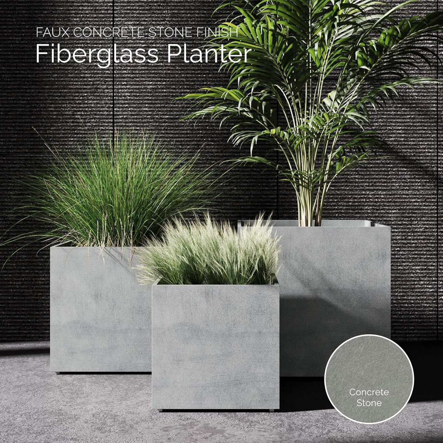 Reglito Cube Planter – Fiberglass Indoor/Outdoor and Weather-Resistant Large Planter (Concrete Stone, 19.7" L x 19.7" W x 20.3" H)