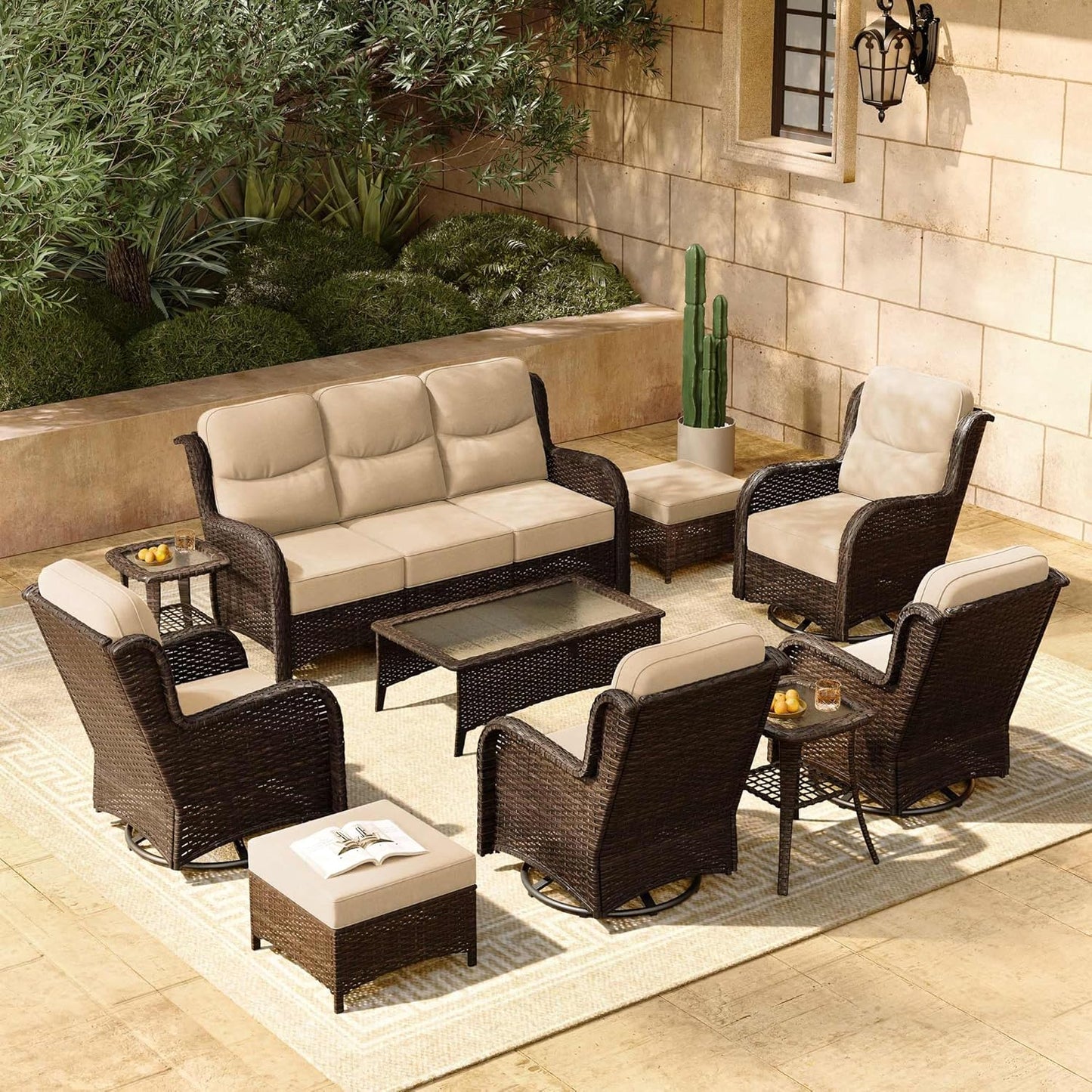 HILLGA Luxury Patio Furniture Set with 6-inch Thick Cushion, Outdoor Couch and High Back Swivel Rocker Patio Chairs, 10PCS Wicker Conversation Set for Deck Yard and Poolside, Beige (V2)