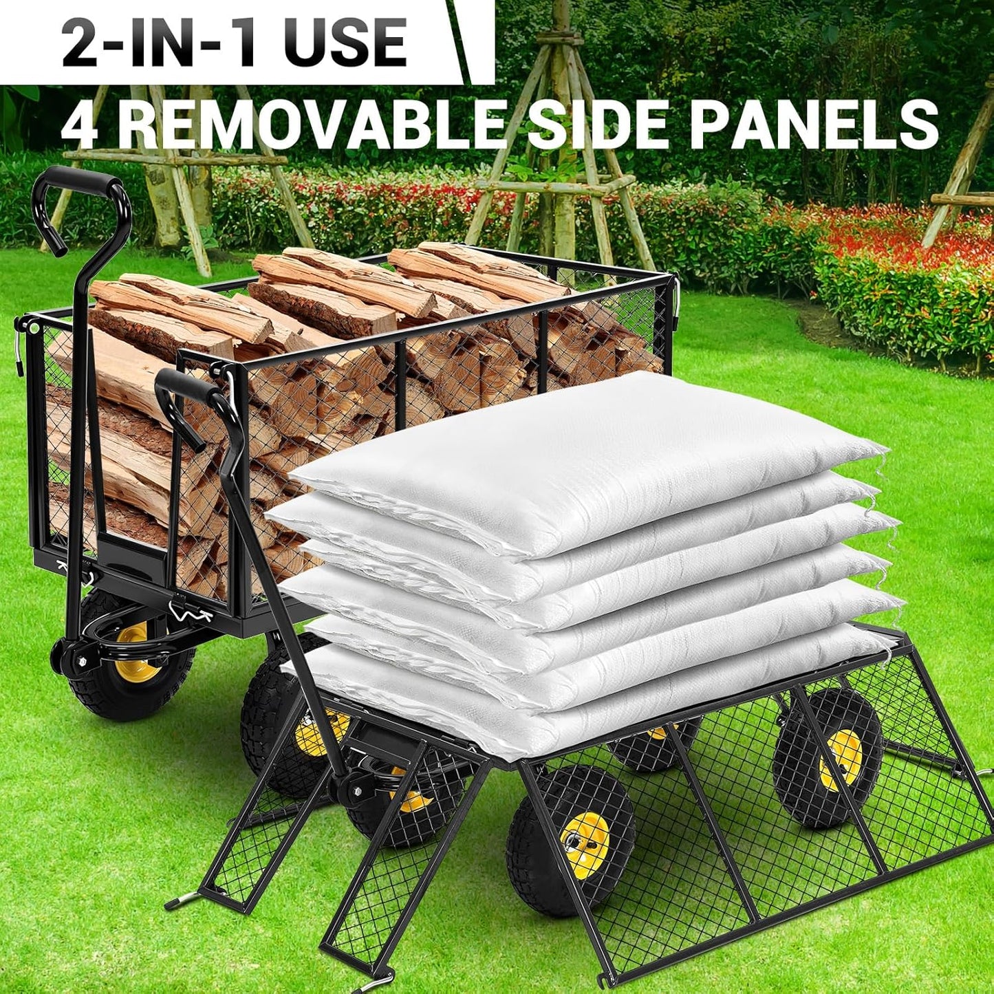 1100 Lbs Steel Garden Cart. Heavy Duty Metal Garden Wagon with 10" Wheels, Pullable Metal Garden Wagon with 180° Rotating Handle and Removable Sides for Farm, Yard
