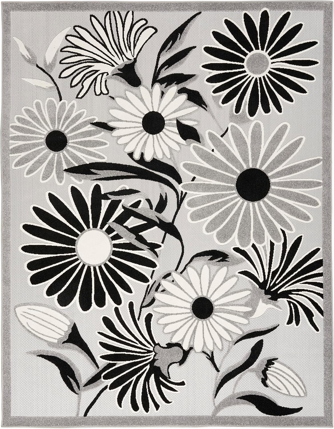 Nourison Home Aloha Indoor/Outdoor Black White 5'3" x 7'5" Area Rug, Easy Cleaning, Non Shedding, Bed Room, Living Room, Dining Room, Kitchen (5x7)