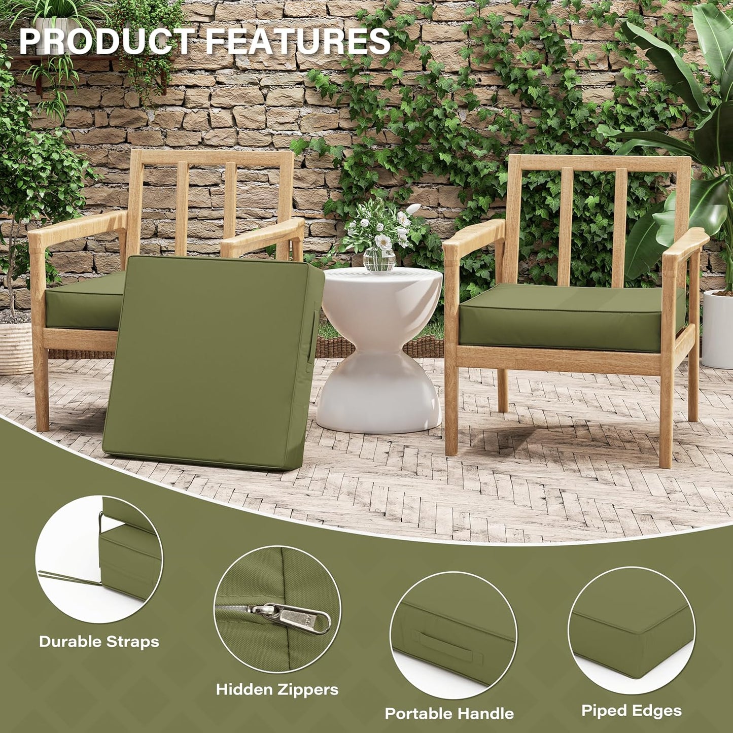 Patio Chair Cushions 22 X 22 X 4 Inch Waterproof Outdoor Seat Cushions for Patio Furniture, Outdoor Sofa Couch Pads with Ties & Handle, Set of 2, Light Green