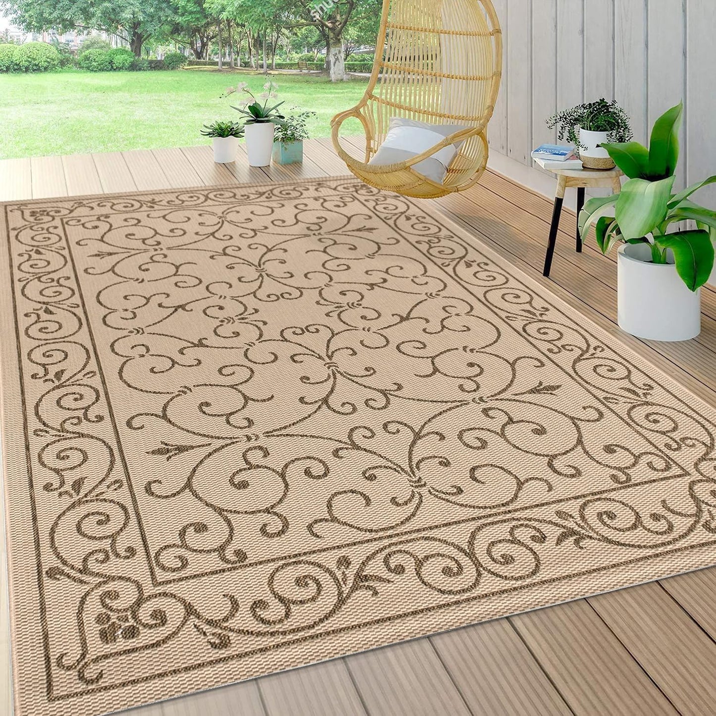 JONATHAN Y SMB106A-9 Charleston Vintage Filigree Textured Weave Indoor Outdoor Area Rug Classic Coastal Easy Cleaning Bedroom Kitchen Backyard Patio Non Shedding, 9 X 12, Beige/Brown