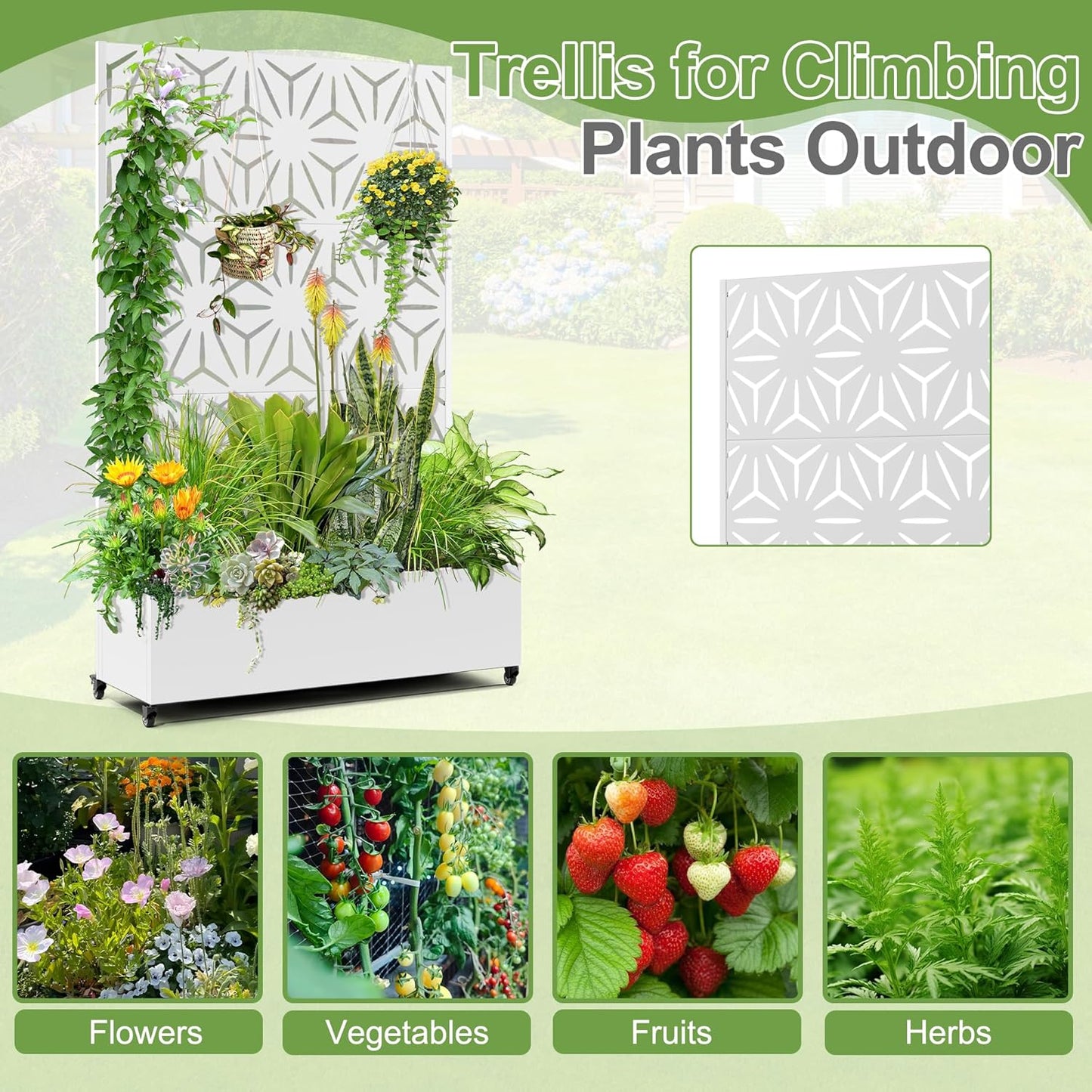Raised Garden Bed with Trellis and Wheels,73"x47"x16" Metal Raised Garden Bed,White Star Metal Planter with Climbing Trellis for Vines & Vegetables