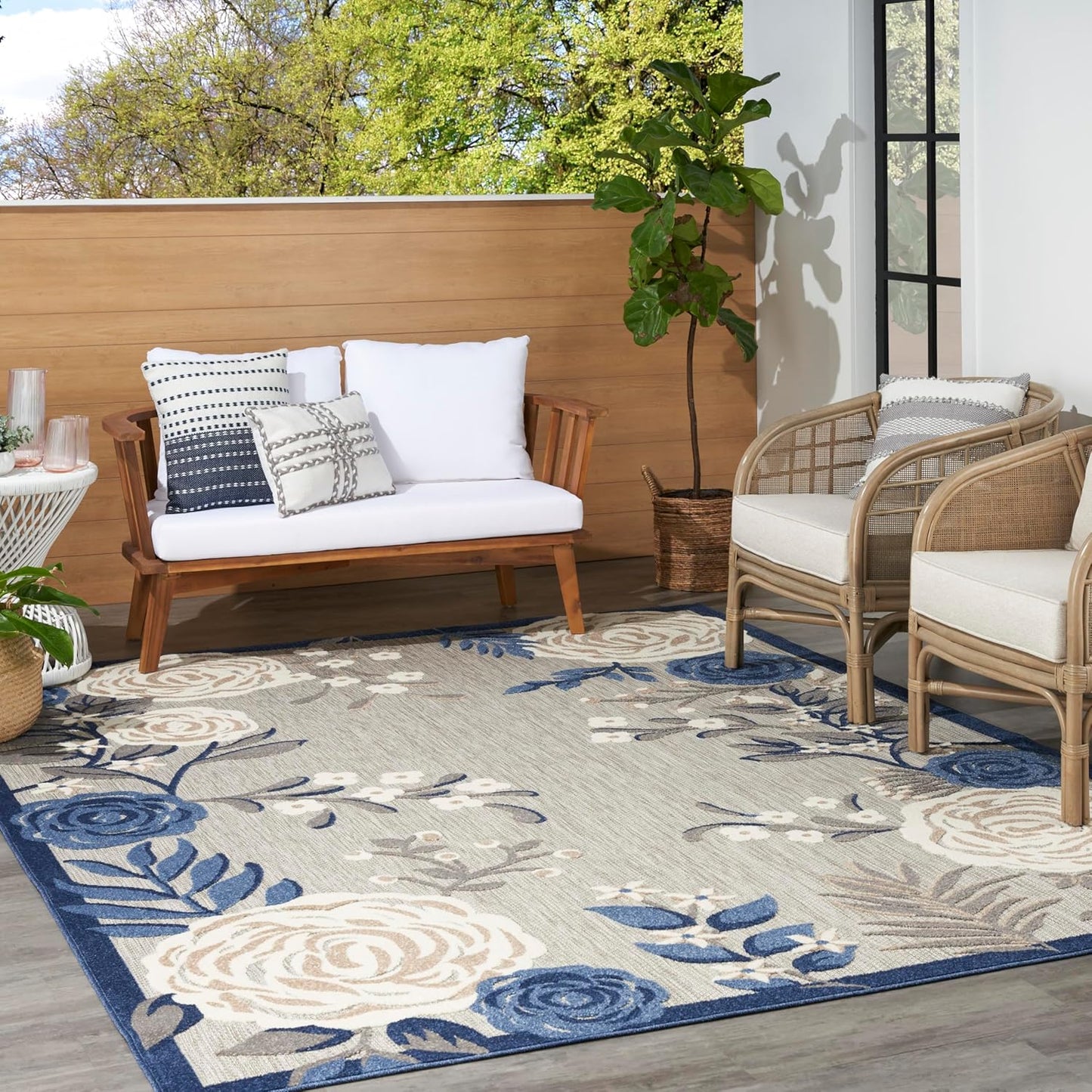 Nourison Home Aloha Indoor/Outdoor Blue/Grey 7'10" x 10'6" AreaRug, EasyCleaning, Non Shedding, Bed Room, Living Room, Dining Room, Kitchen (8x11)