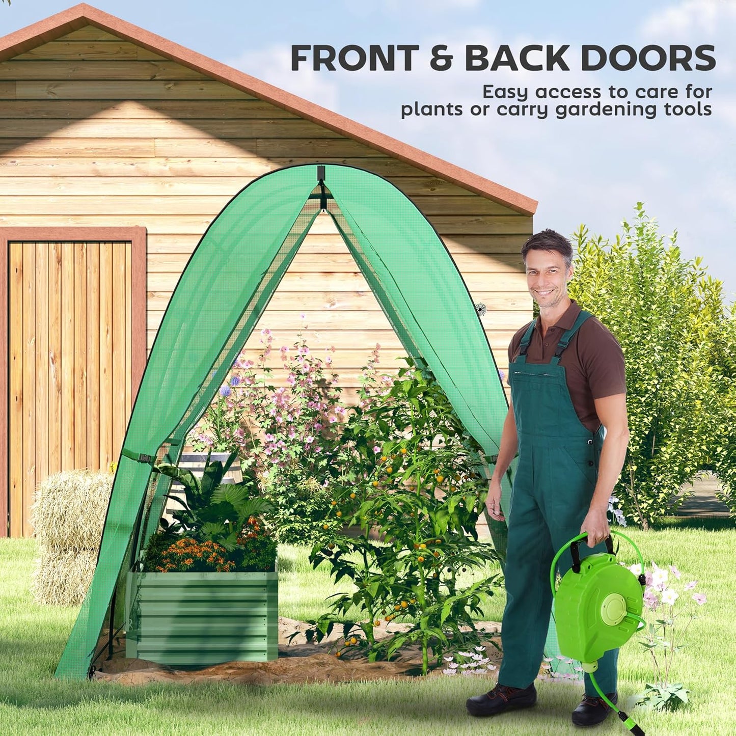 Outsunny 6' x 6' x 6.6' Hoop House Greenhouse with Sandbags and Hemmed PE Cover, Walk-in Tunnel Green House with 2 Doors and Screen Windows, Portable Greenhouse Gardening Plant Hot House, Green