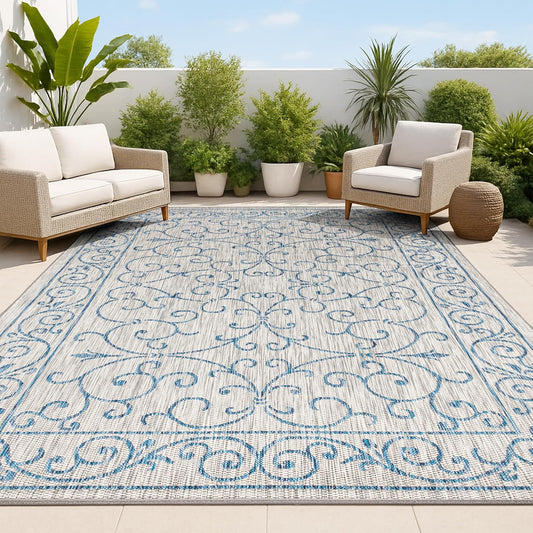 JONATHAN Y SMB106C-6 Charleston Vintage Filigree Textured Weave Gray/Navy 6 ft. x 9 ft. Indoor/Outdoor Area Rug, Pet Friendly, Non-Shedding, Stain Resistant, Easy-Cleaning for Backyard, Patio, Porch