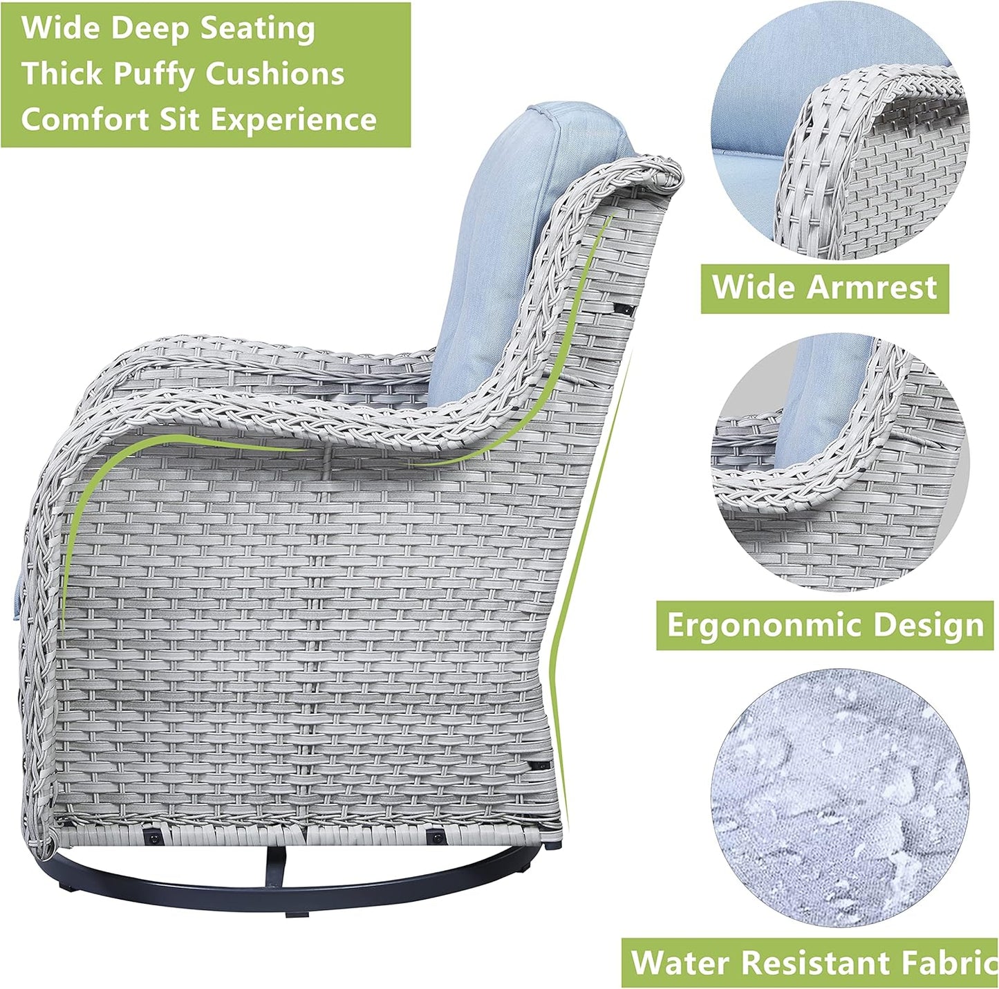 Outdoor Patio Swivel Rocker Chairs - 3 Piece Patio Bistro Set,Wicker Patio Furniture Set with 2 Swivel Rocking Chairs and 1 Glass Top Side Table for Deck Porch Garden,Light Grey/SkyBlue