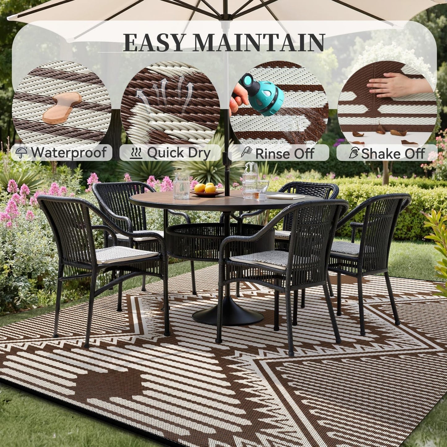 MontVoo Outdoor Rug-Waterproof Patio Rug Mat 5x8 Outdoor Carpet Mat Reversible Plastic Straw Outside Outdoor Rug for RV Camping Picnic Balcony Backyard Pool Deck Porch Modern Boho Beige Brown