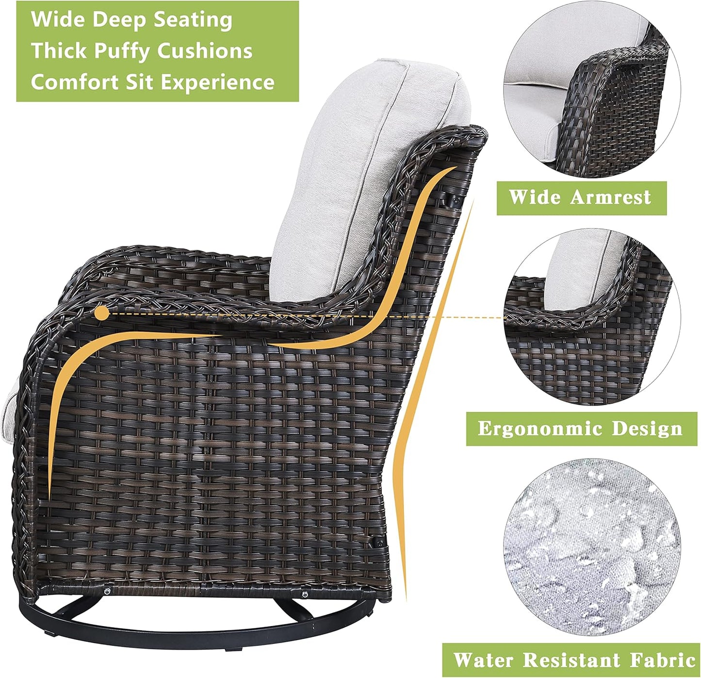 Outdoor Patio Swivel Rocker Chairs - Single Wicker Rattan Patio Swivel Rocking Chair with High Back,Deep Seating and Comfort Cushions for Deck Porch Garden,Brown/Beige