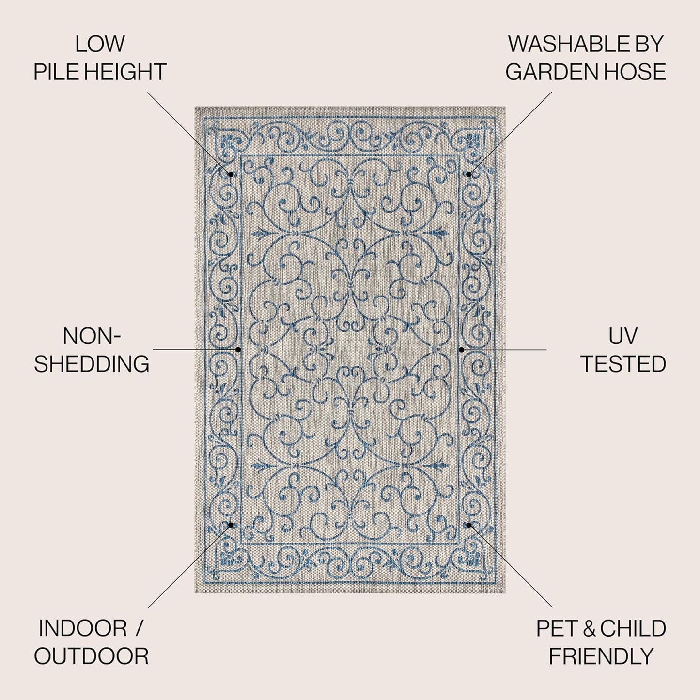 JONATHAN Y SMB106C-8SQ Charleston Vintage Filigree Textured Weave Gray/Navy 8' Square Indoor/Outdoor Area Rug, Pet Friendly, Non-Shedding, Stain Resistant, Easy-Cleaning for Backyard, Patio, Porch