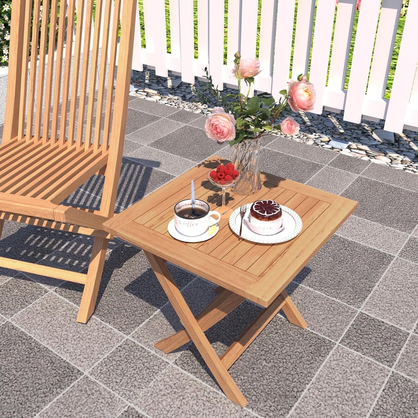 Teak Wood Square Patio Side Table, Outdoor Side Table Waterproof Natural Wood, Sturdy Portable Bistro Table for Camping Deck Poolside