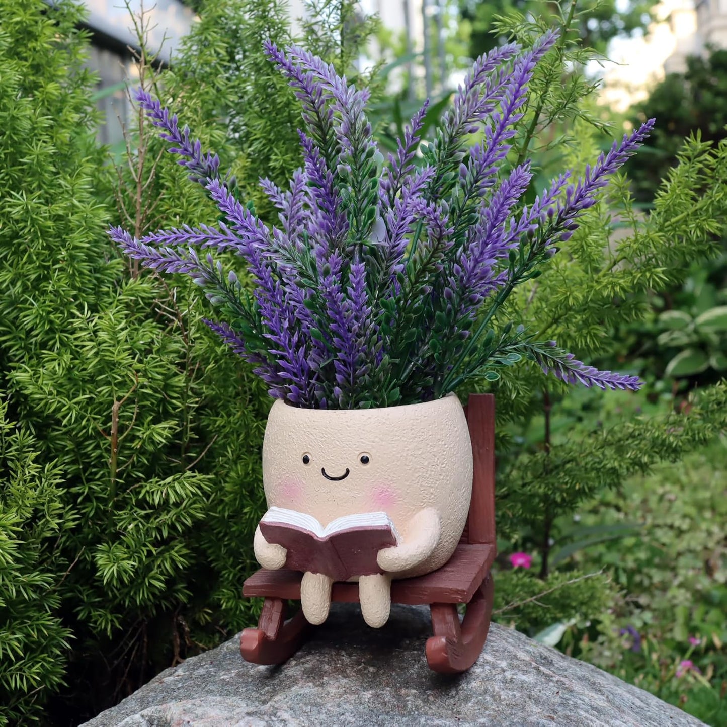 Cute Face Planters Succulent Pots, Funny Rocking Chair Reading Head Flower Planter Cactus Pot with Drainage Hole for Indoor Outdoor Plants, Unique Plant Lover Gifts