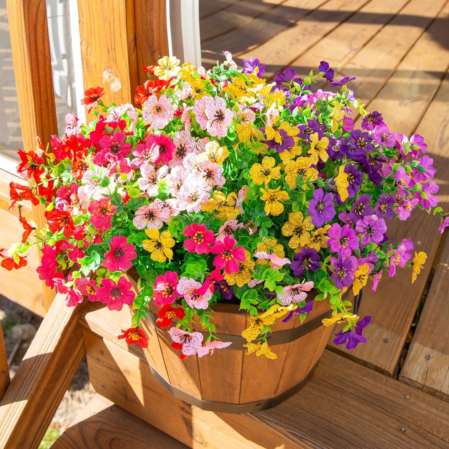 Artificial Flowers for Outdoor Indoor Garden Home Decoration, Faux Flower Daisy with Eucalyptus Leaves Fake Plants Greenery Boxwood Porch Patio, 12 Bundles (6 Multicolor)