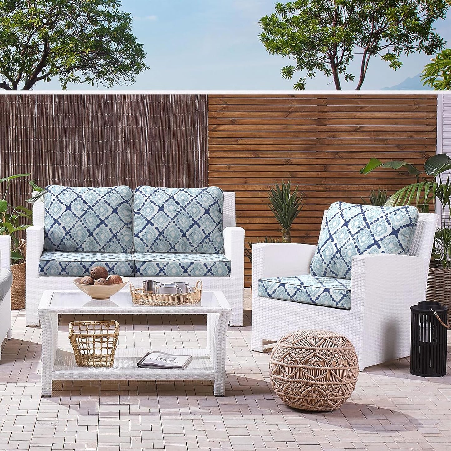LVTXIII Outdoor Deep Seat Cushion Patio Seat and Back Cushion Set Seasonal Chair Cushion with Removable Cover and Adjustable Buckle for Home and Garden, 24"x24"x4", Boho Geometry Blue