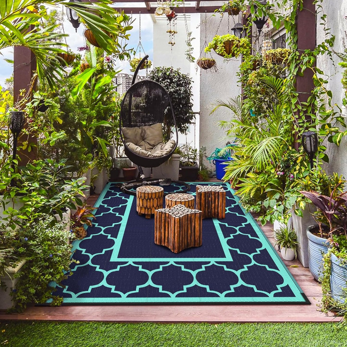 GENIMO 5 ' x 8 ' Outdoor Rug for Patio, Waterproof Indoor Outdoor Plastic Straw Rugs Carpet, Reversible Outside Area Mat for Camping, Balcony Porch, Deck, Picnic, Beach Navy Blue & Jade Green