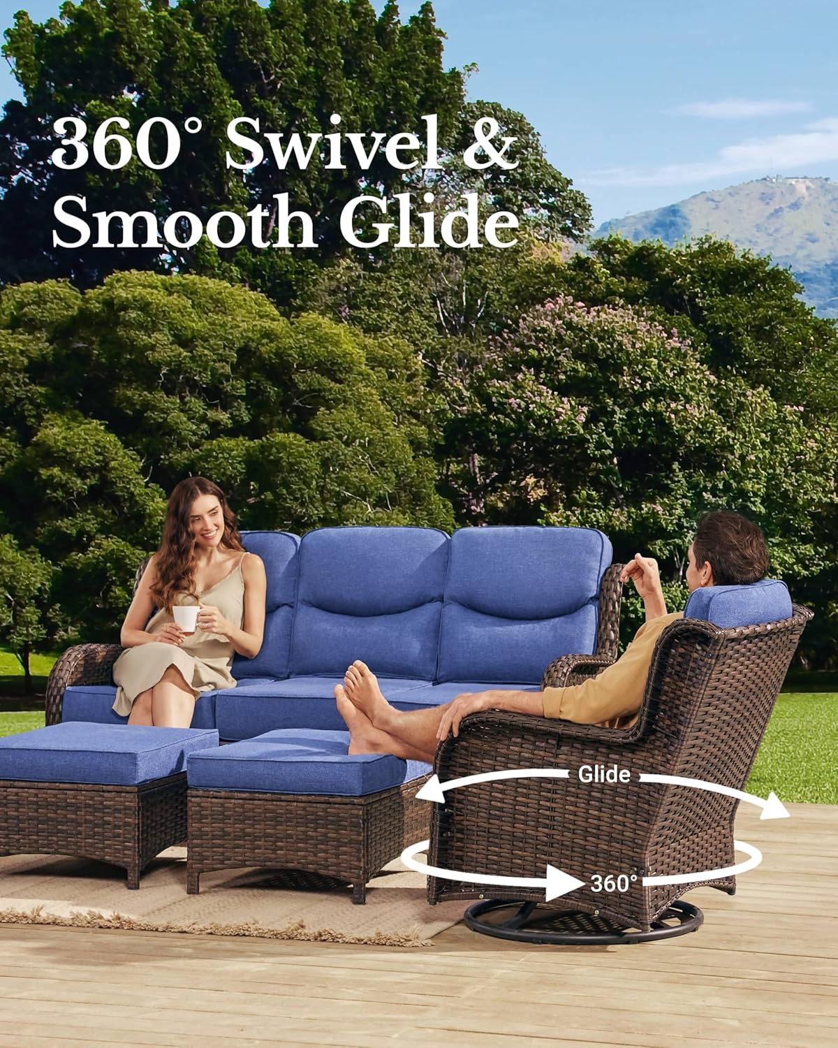 HILLGA Luxury Patio Furniture Set with 6-inch Thick Cushion, Outdoor Sectional Sofa and High Back Swivel Rocker Patio Chairs, 11PCS Wicker Conversation Set for Deck Yard and Poolside, Blue (V2)