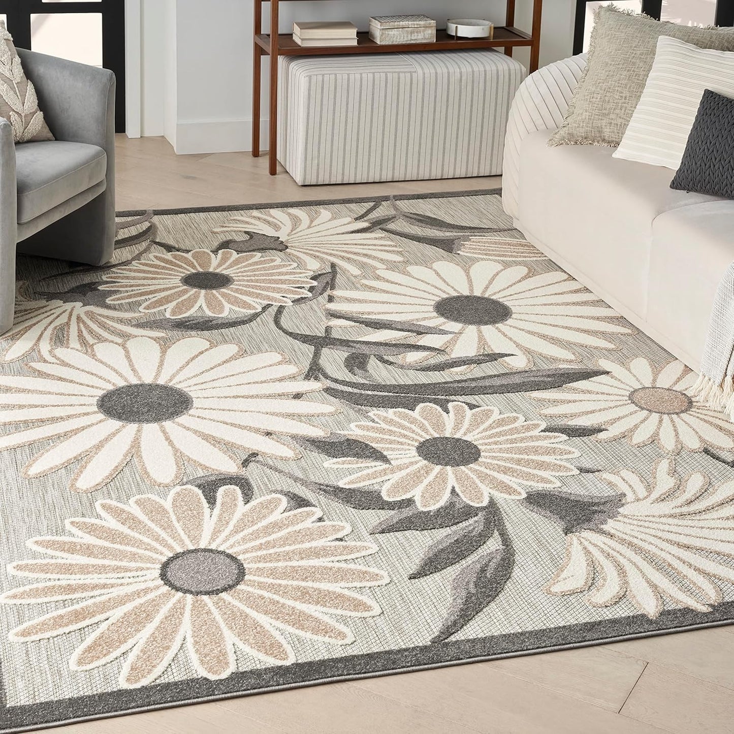 Nourison Home Aloha Indoor-Outdoor Beige 5'3" x 7'5" Area Rug, Easy Cleaning, Non Shedding, Bed Room, Living Room, Dining Room, Kitchen (5x7)