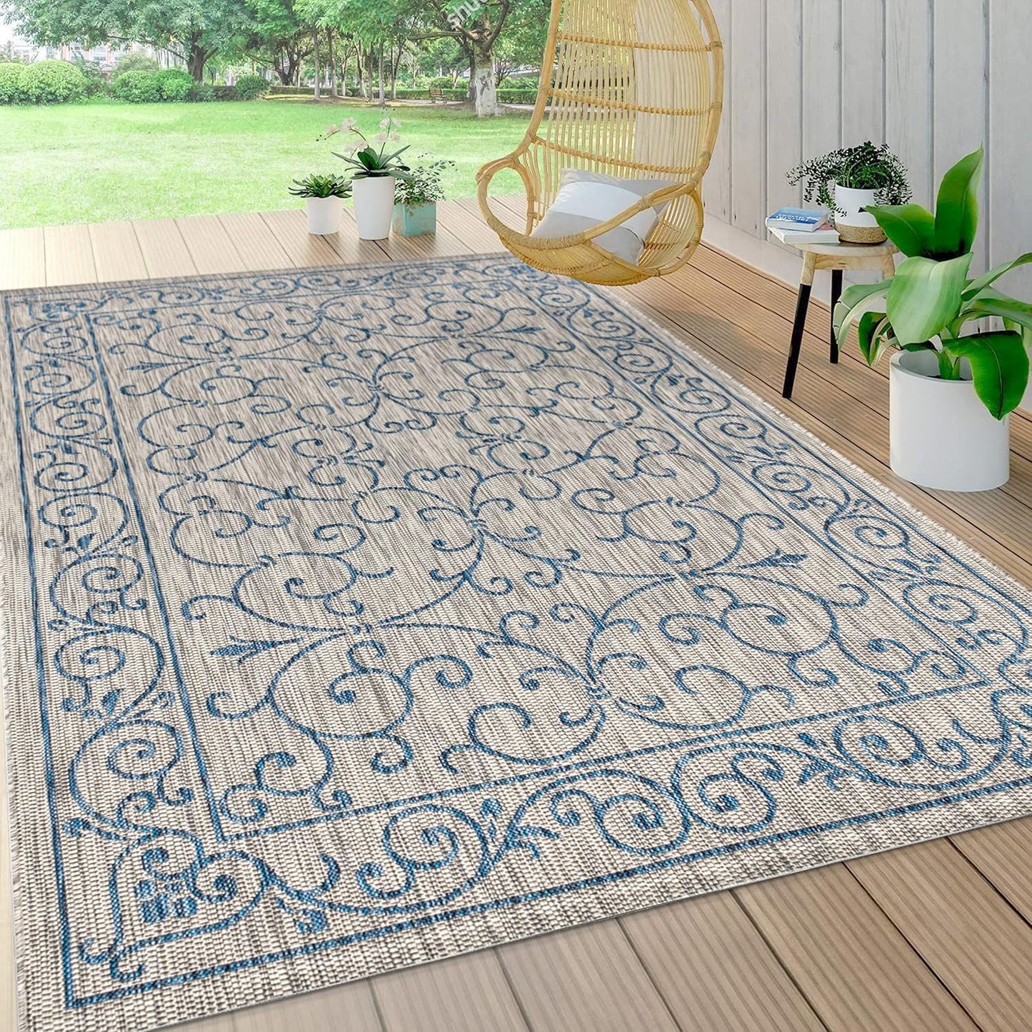 JONATHAN Y SMB106C-5 Charleston Vintage Filigree Textured Weave Indoor/Outdoor Gray/Navy 5 ft. x 8 ft. Area Rug, Classic,Easy Cleaning,HighTraffic,LivingRoom,Backyard, Non Shedding
