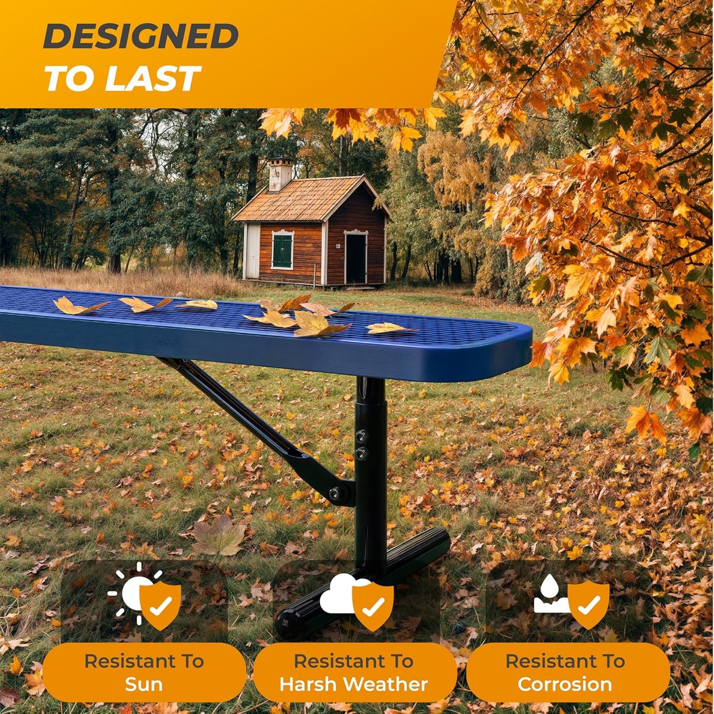 Heavy-Duty Outdoor Metal Bench, Thermoplastic-Coated, Portable, Weatherproof, Commercial-Grade for Parks, Gardens, Patios, Stores & More (6 Ft - Portable, Blue)