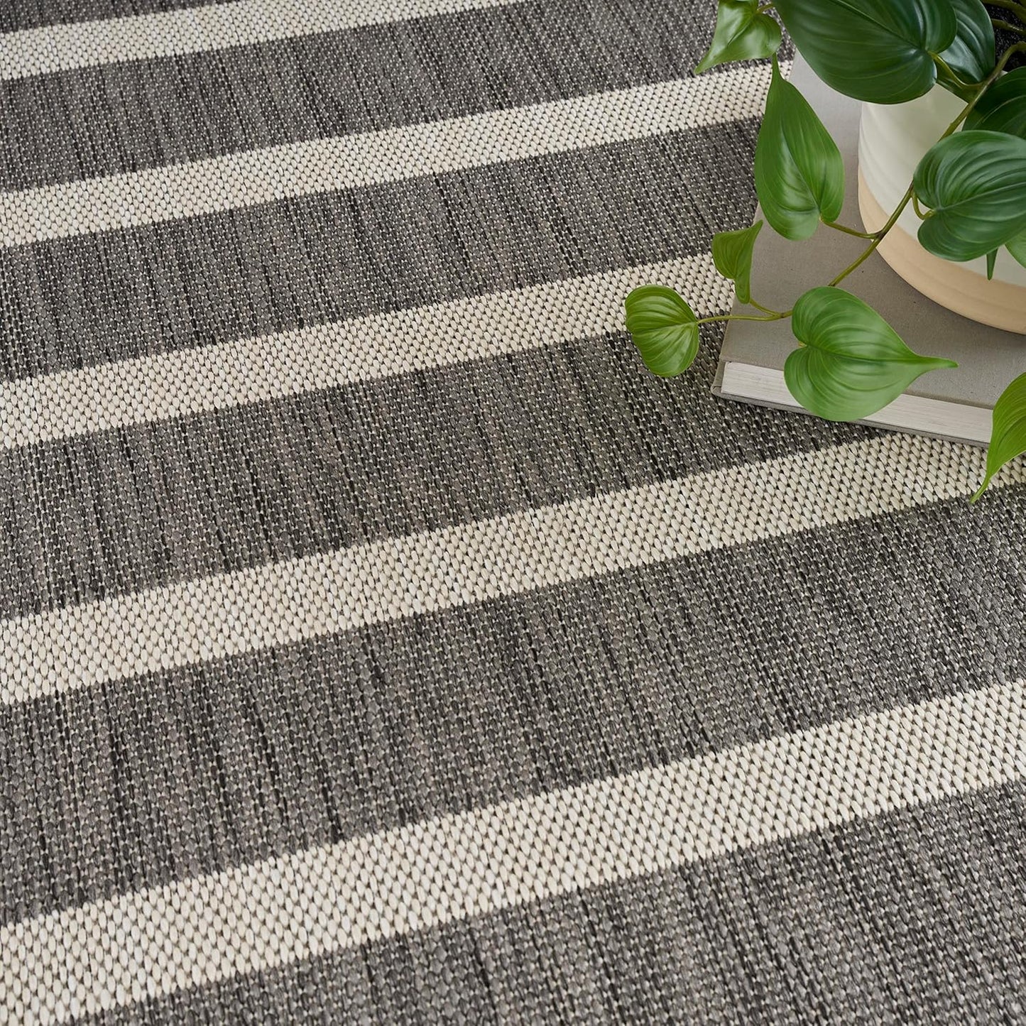 Nourison Home Positano Indoor/Outdoor Charcoal Ivory 5' x 7' Area Rug, Easy Cleaning, Non Shedding, Bed Room, Living Room, Dining Room, Deck, Backyard, Patio (5x7)