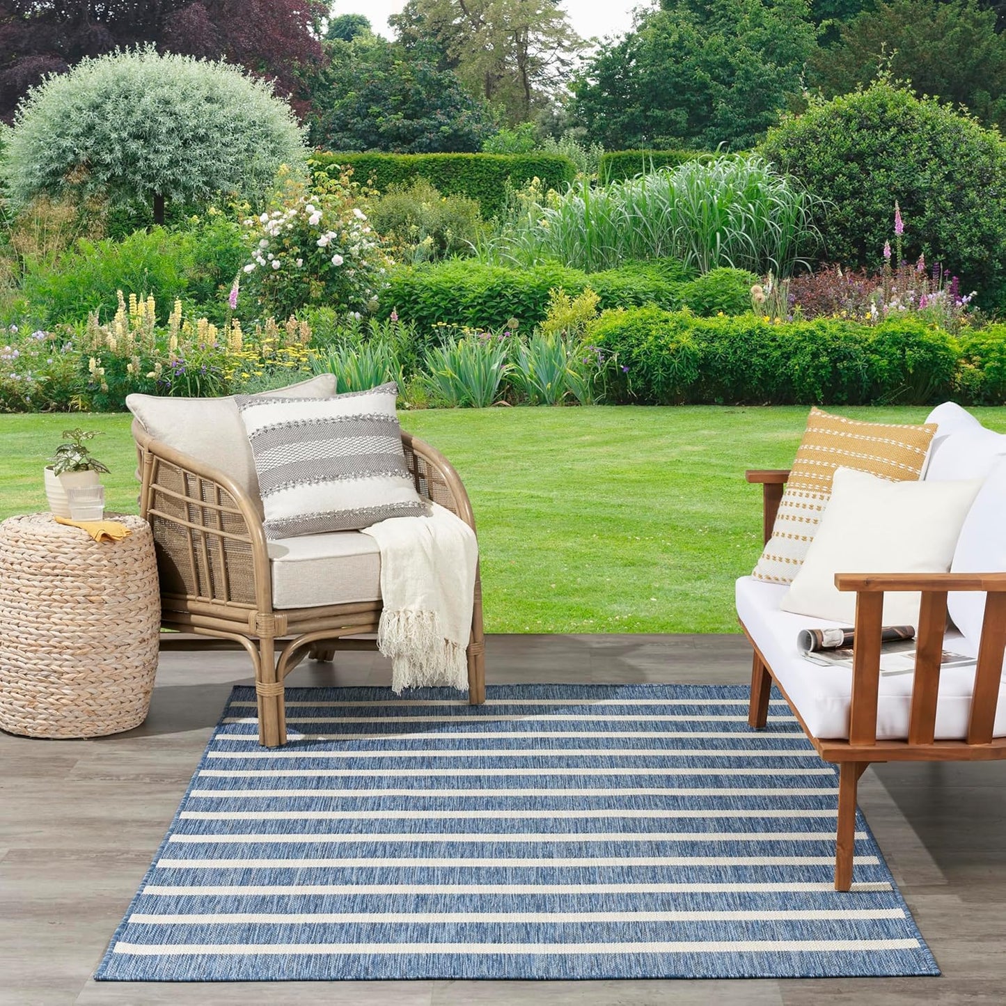 Nourison Home Positano Indoor/Outdoor Navy Ivory 9' x 12' Area Rug, Easy Cleaning, Non Shedding, Bed Room, Living Room, Dining Room, Backyard, Deck, Patio (9x12)
