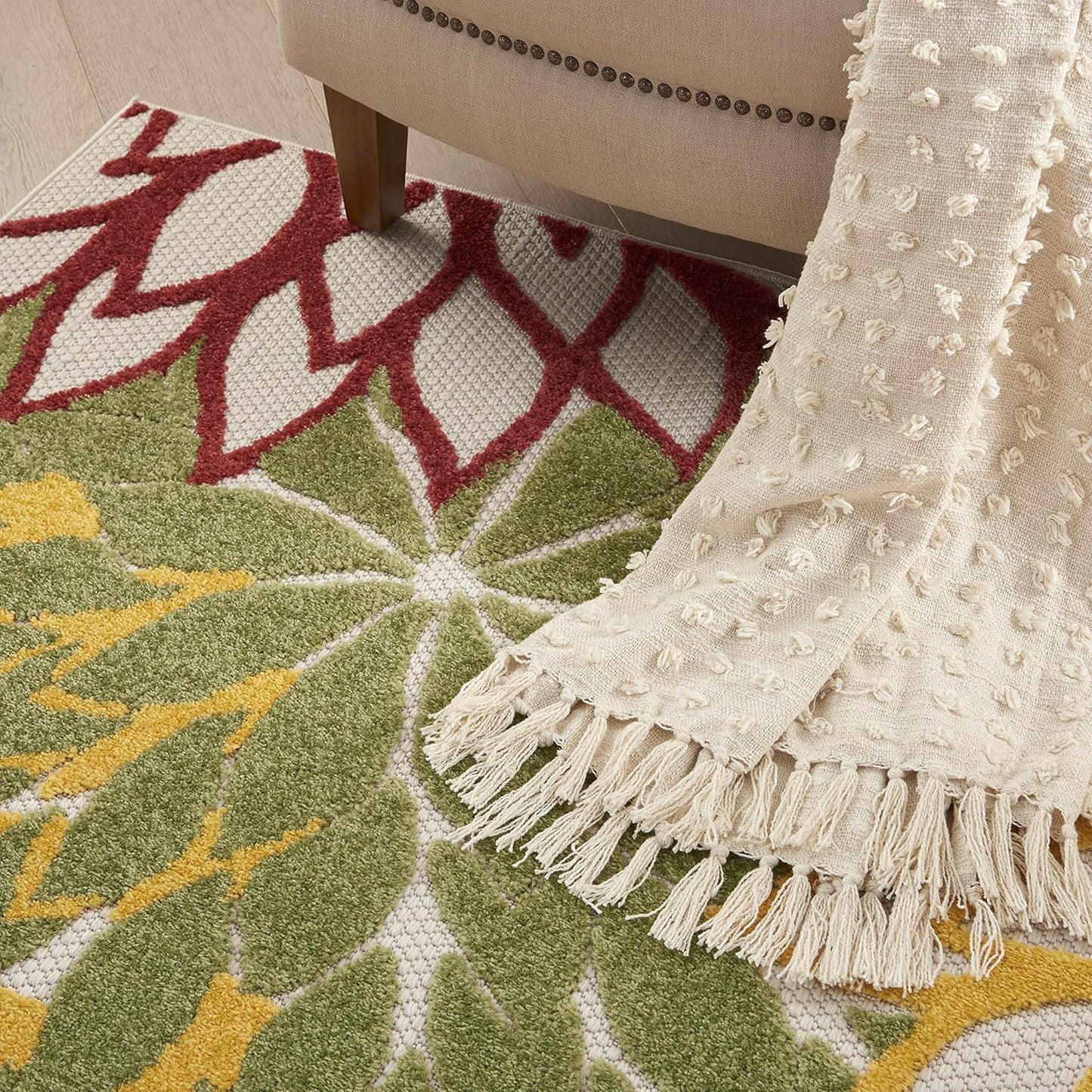 Nourison Aloha Indoor/Outdoor Red Multi Colored 3'6" x 5'6" Area Rug, Tropical, Botanical, Easy Cleaning, Non Shedding, Bed Room, Living Room, Dining Room, Deck, Backyard, Patio (3x5)