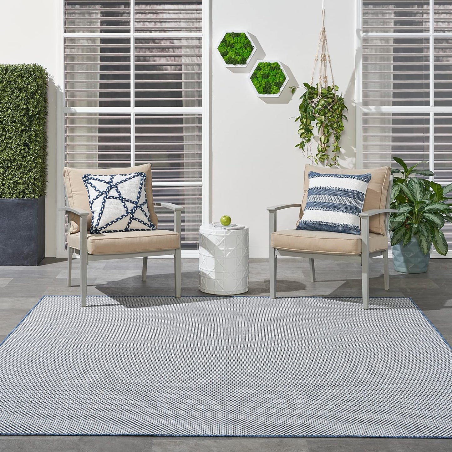 Nourison Home Courtyard Indoor/Outdoor Ivory Blue 8' x Square Area Rug, Easy Cleaning, Non Shedding, Bed Room, Living Room, Dining Room, Backyard, Deck, Patio (8 Square)