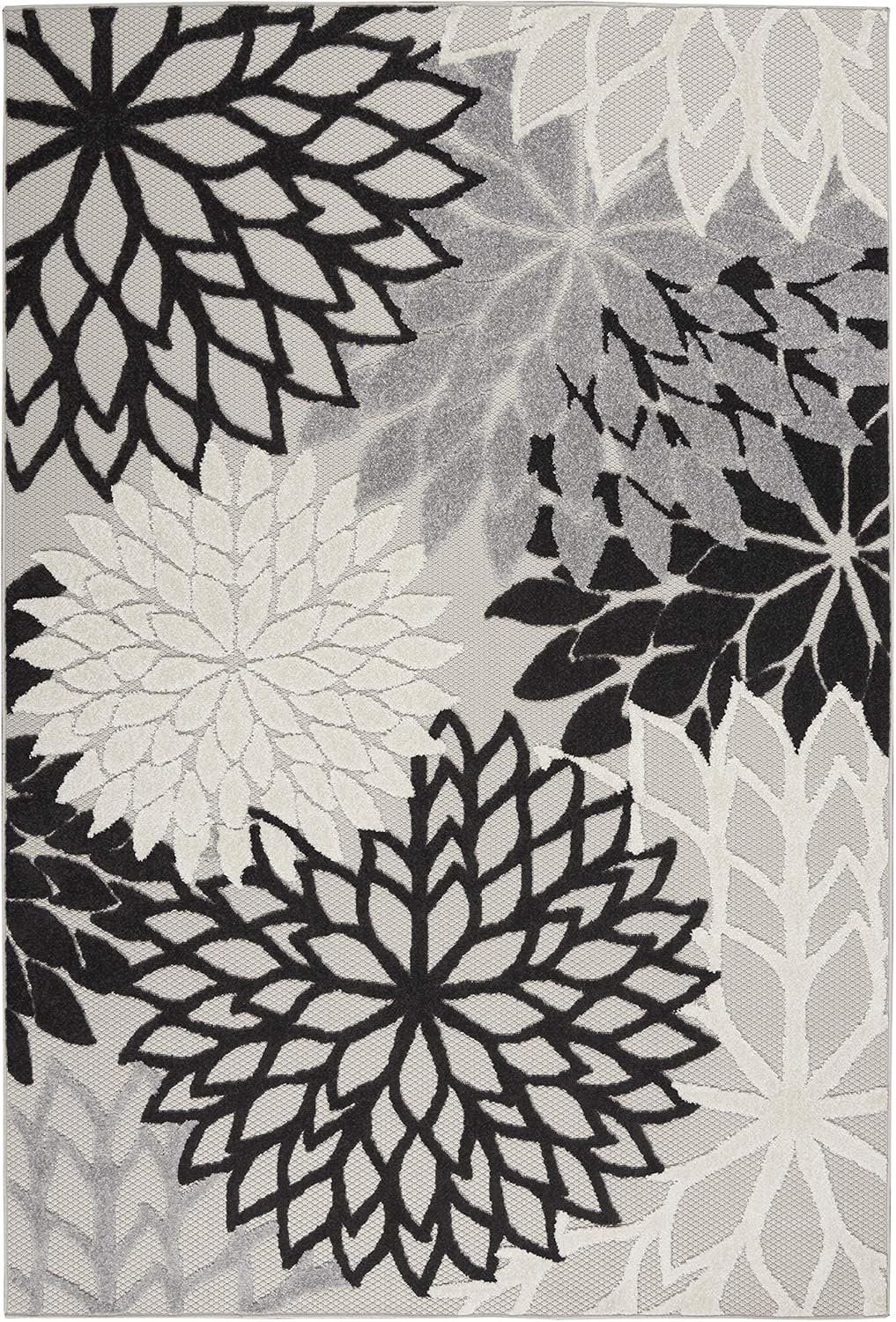 Nourison Aloha Indoor/Outdoor Black White 5'3" x 7'5" Area Rug, Tropical, Botanical, Easy Cleaning, Non Shedding, Bed Room, Living Room, Dining Room, Deck, Backyard, Patio (5x7)