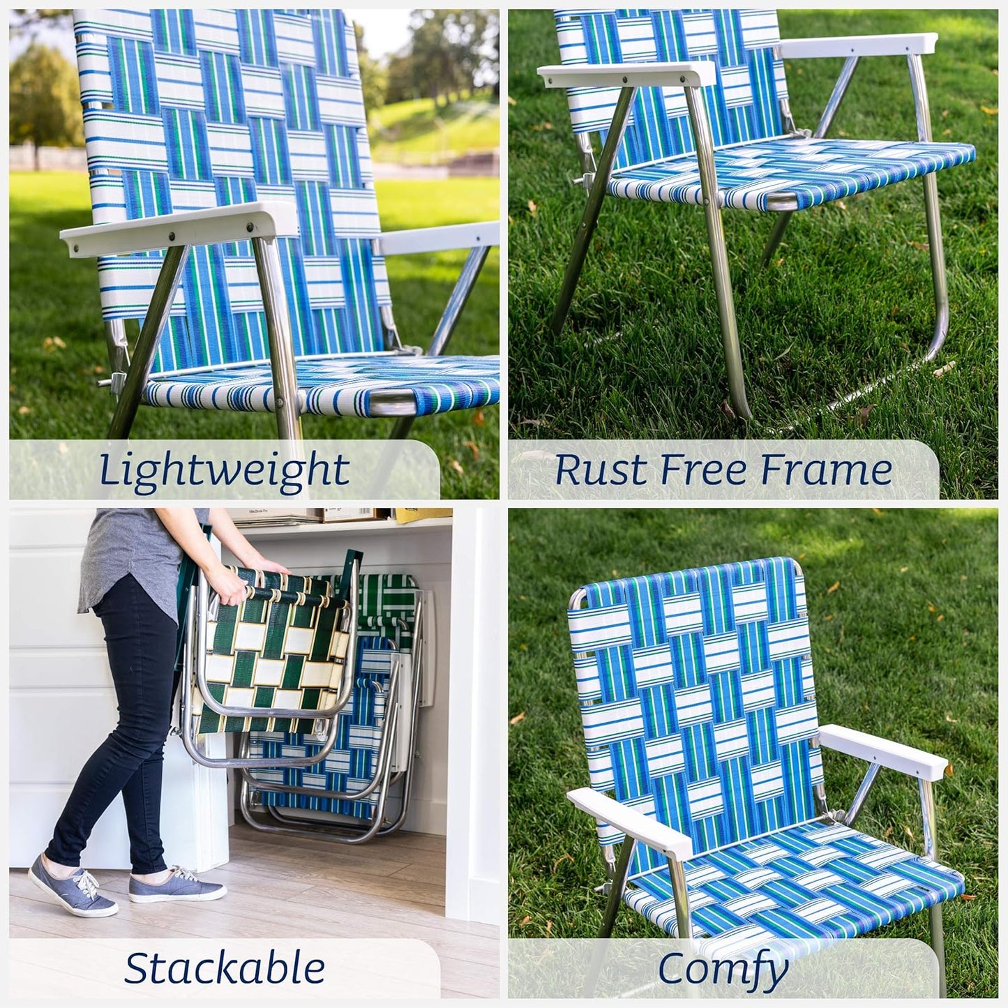 Lawn Chair USA Folding Aluminum Outdoor Patio Lawn Chair | Heavy-Duty Webbed Chairs for Camping, Sports, Beach, Yard & Tailgating | Lightweight Portable | Classic - Black with Black Arms