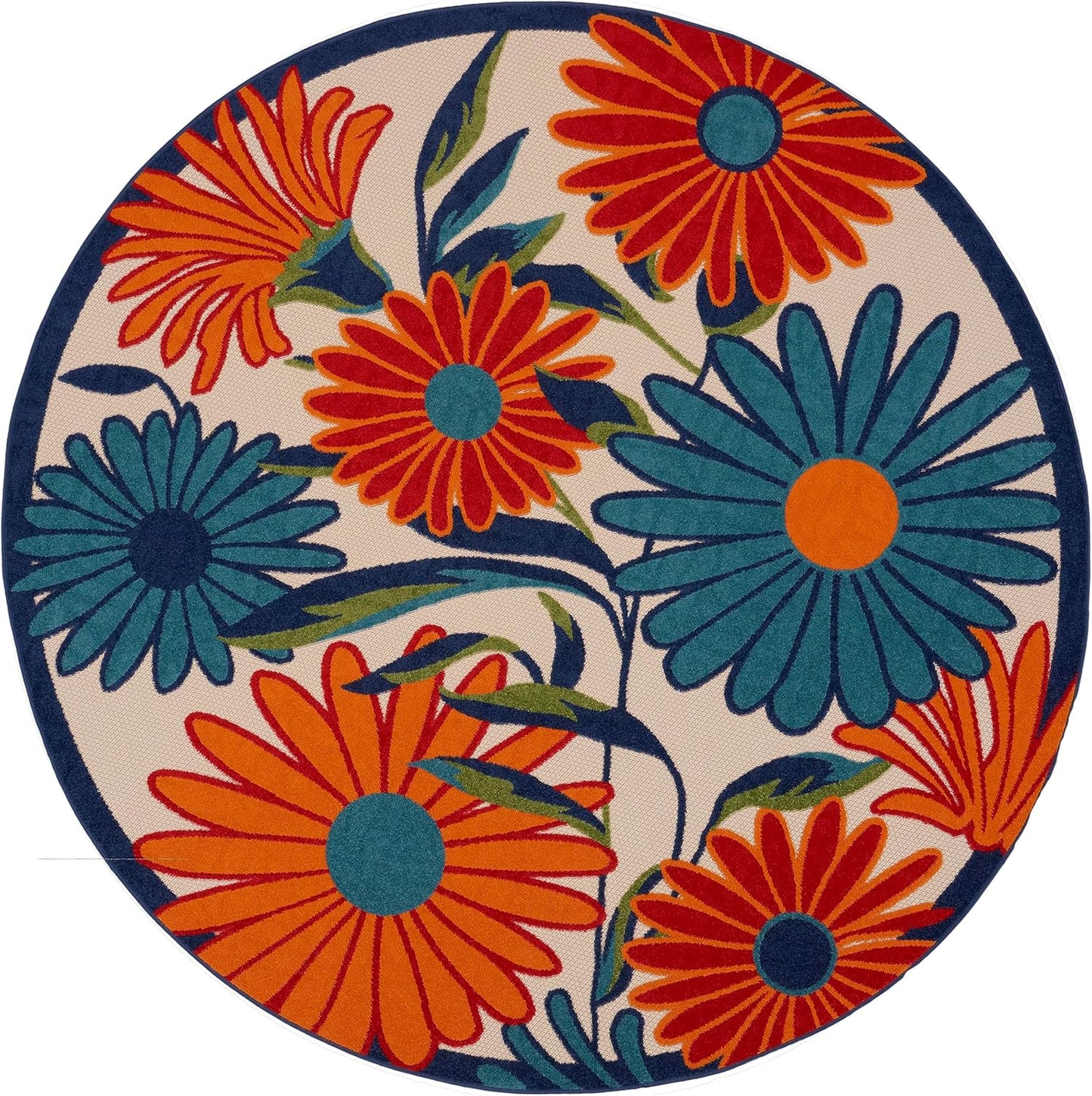 Nourison Home Aloha Outdoor Multicolor 5'3" x Round Area Rug, Easy Cleaning, Non Shedding, Bed Room, Living Room, Dining Room, Deck, Backyard, Patio (5 Round)