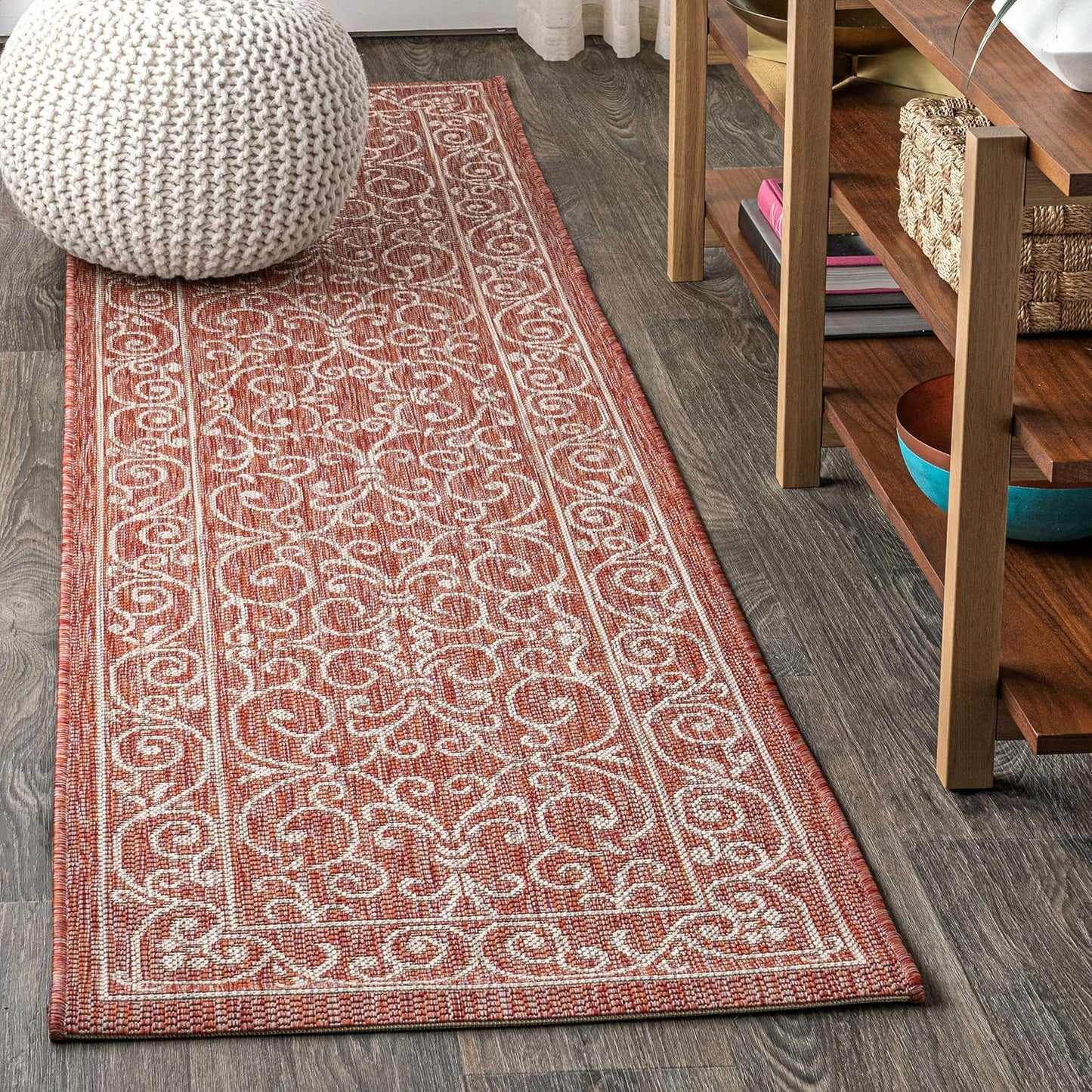 JONATHAN Y SMB106B-210 Charleston Vintage Filigree Textured Weave Indoor Outdoor Runner Rug Classic Coastal Easy-Cleaning Bedroom Kitchen Backyard Patio Non Shedding, 2 X 10, Red/Beige