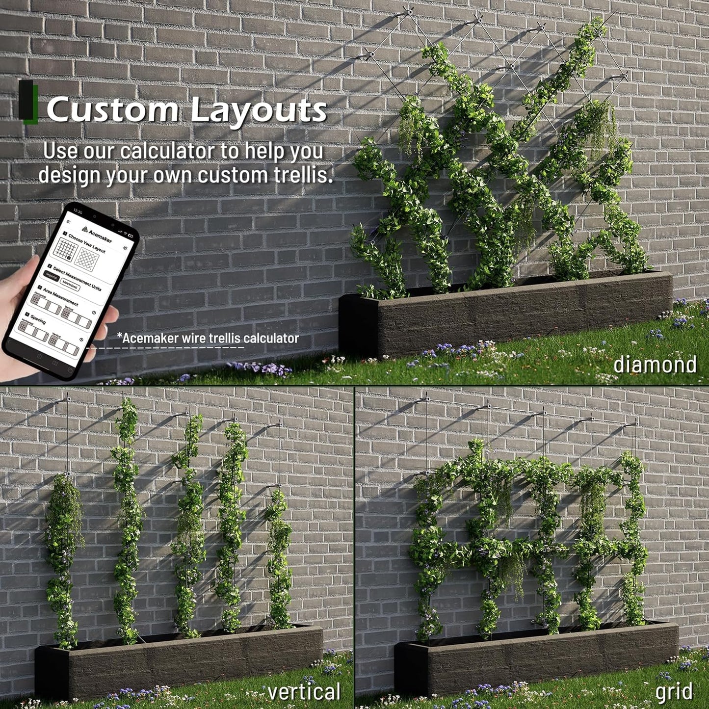 Wire Trellis for Climbing Plants Outdoor, 20-Set Wall Wire Trellis Kit with 5/64"(2mm) x 98ft Stainless Steel Cable & Cutter, T316 Espalier System for Fence and Garden DIY Projects