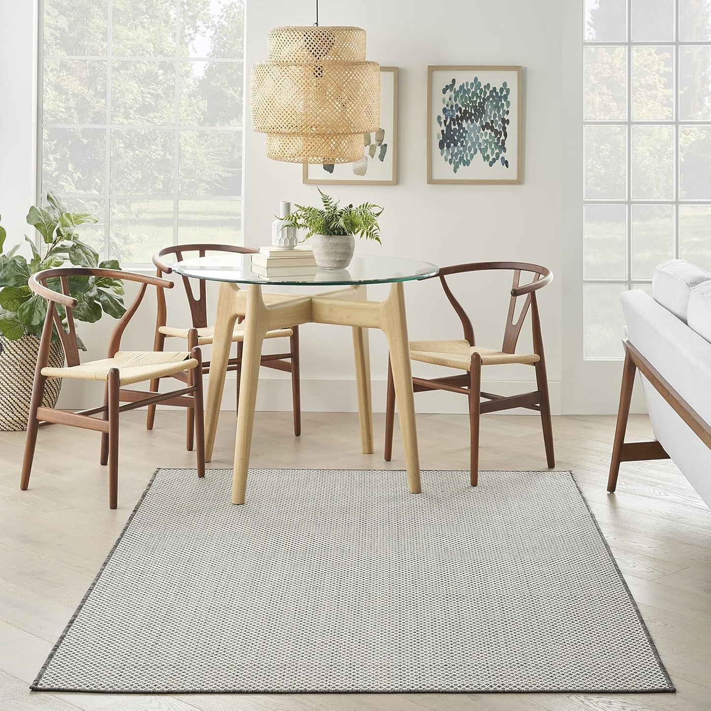 Nourison Courtyard Indoor/Outdoor Ivory Charcoal 5' x 7' Area Rug, Geometric, Easy Cleaning, Non Shedding, Bed Room, Living Room, Dining Room, Deck, Patio, Backyard (5x7)
